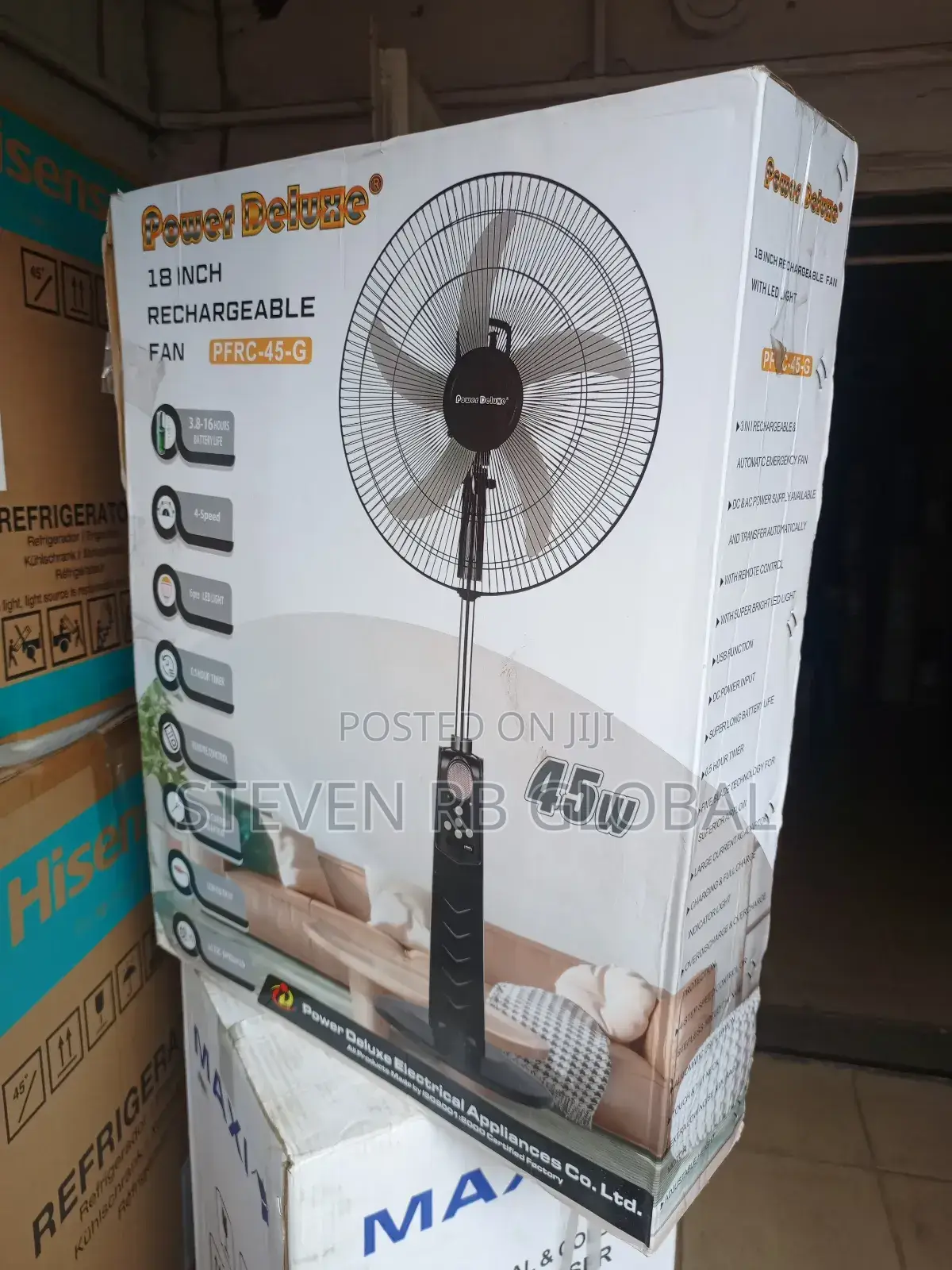 Power Deluxe 18" Inches 45w Rechargeable Fan With Remote + Led Light