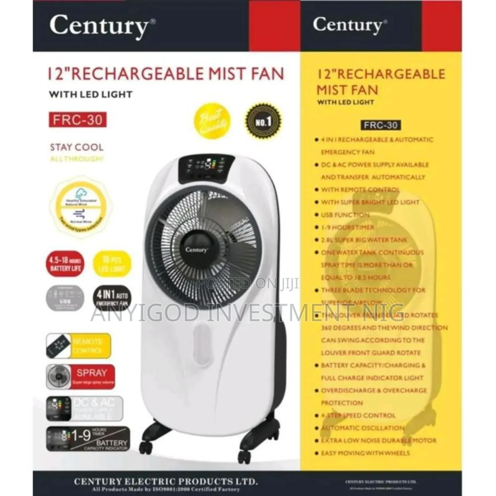 Century 12" Rechargeable Mist Fan With Led Light