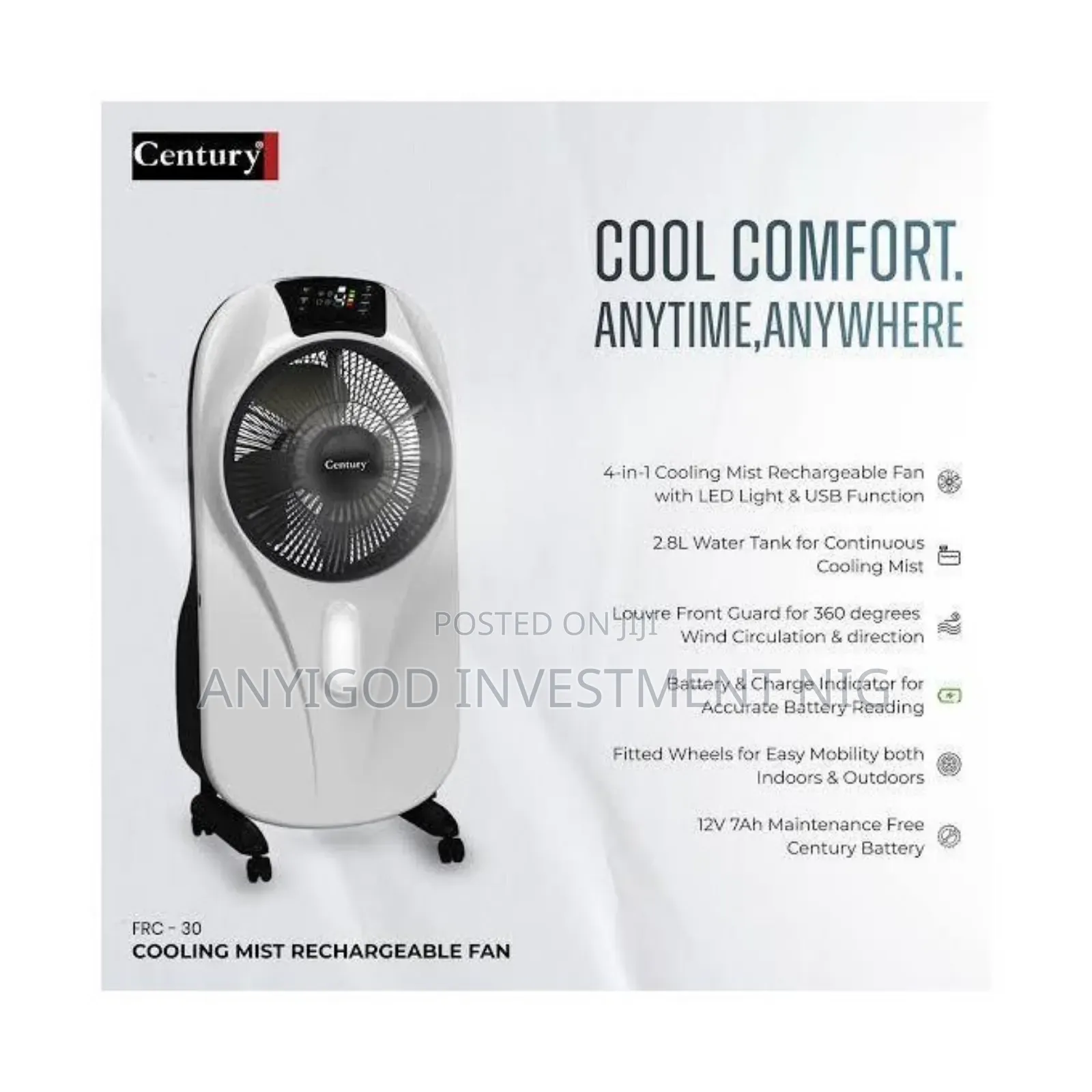 Century 12" Rechargeable Mist Fan With Led Light