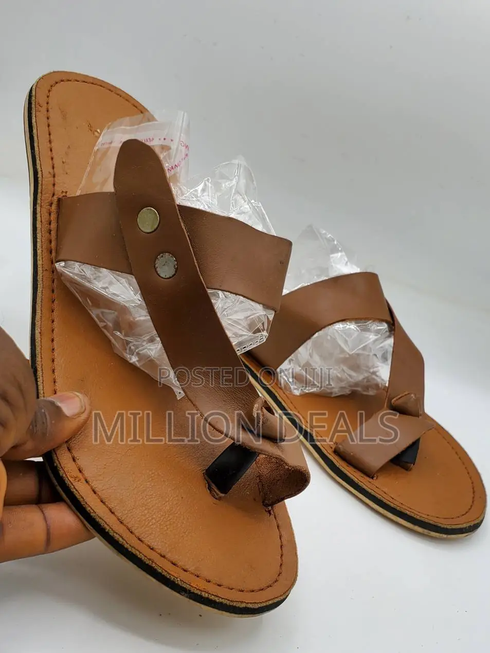 Simple Brown Leather Men's Flat Slippers 40