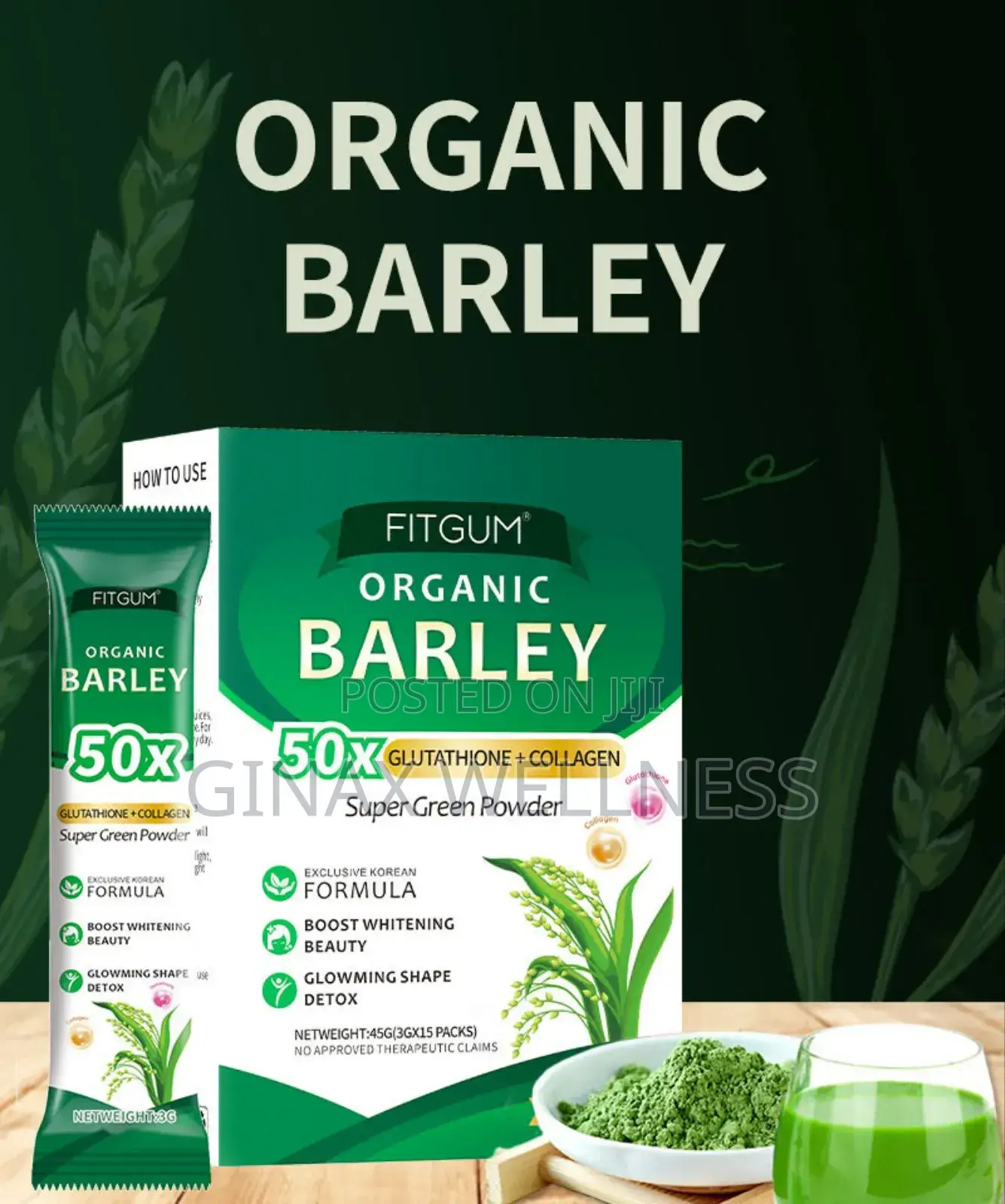 Fitgum Organic Barley Tea Powder With Glutathione and Collagen
