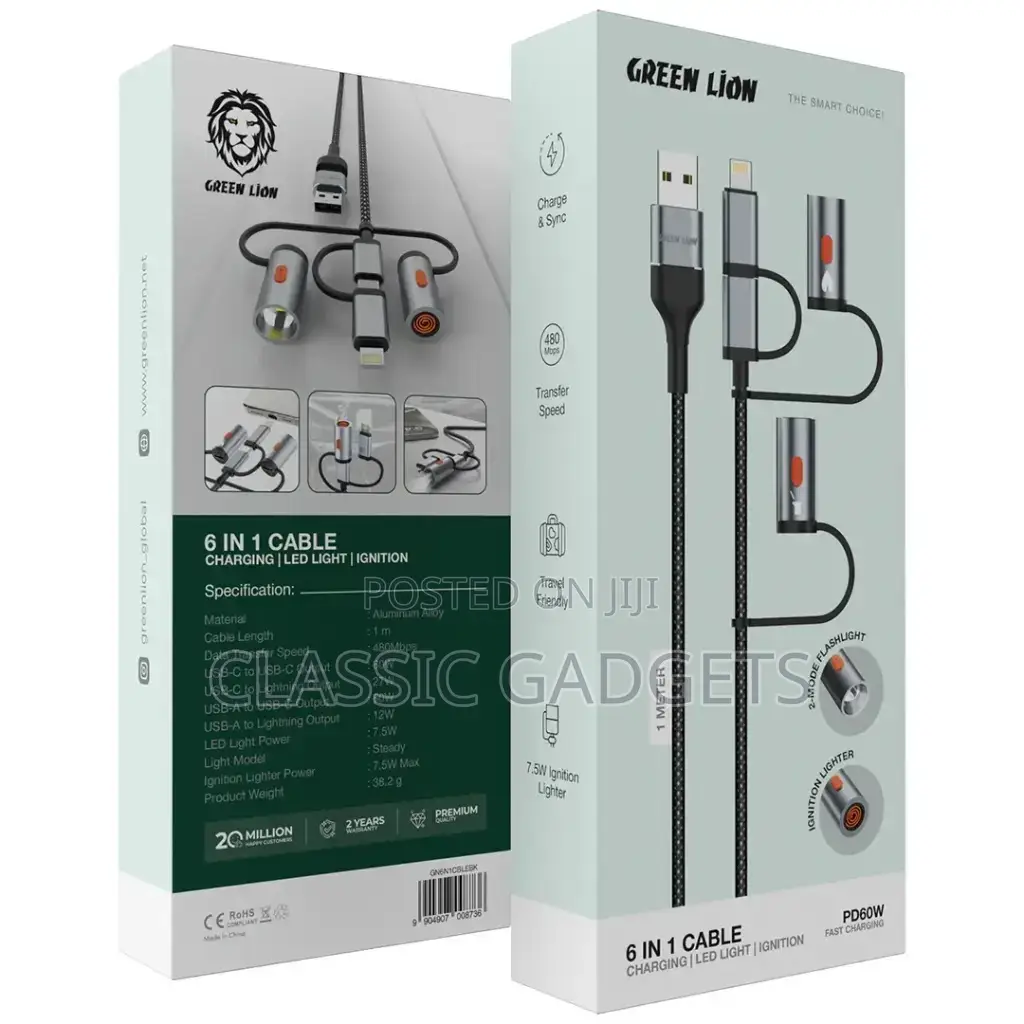Green Lion 6 in 1 Cable With 2 Mode Flashlight / Pd 60w - Black