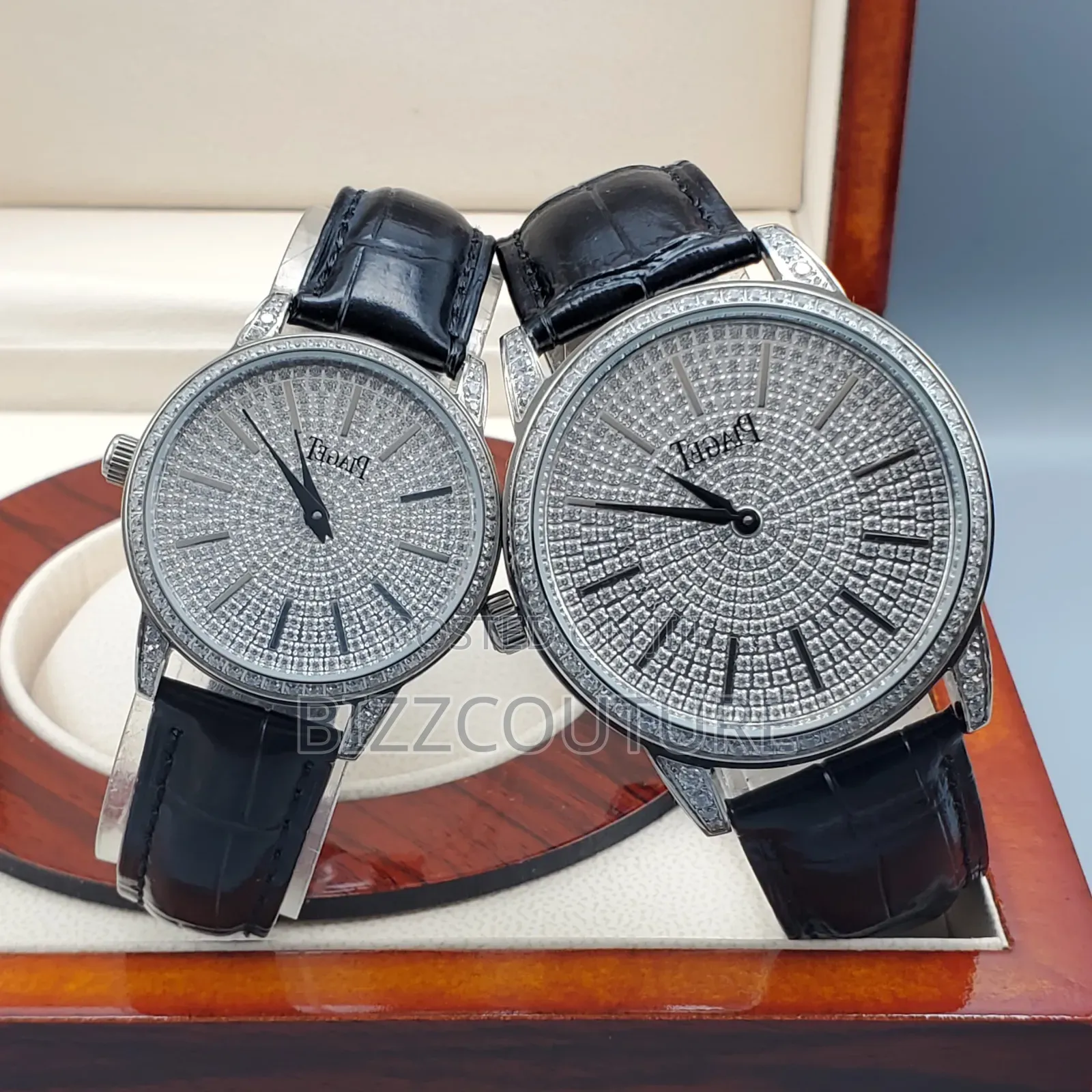 Original Piaget Unisex Iced Black Genuine Leather Strap Watch