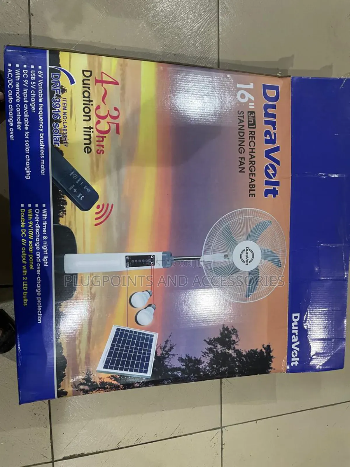 16" Duravolt Rechargeable Fan With Solar Panel +2bulbs Clearance Sales