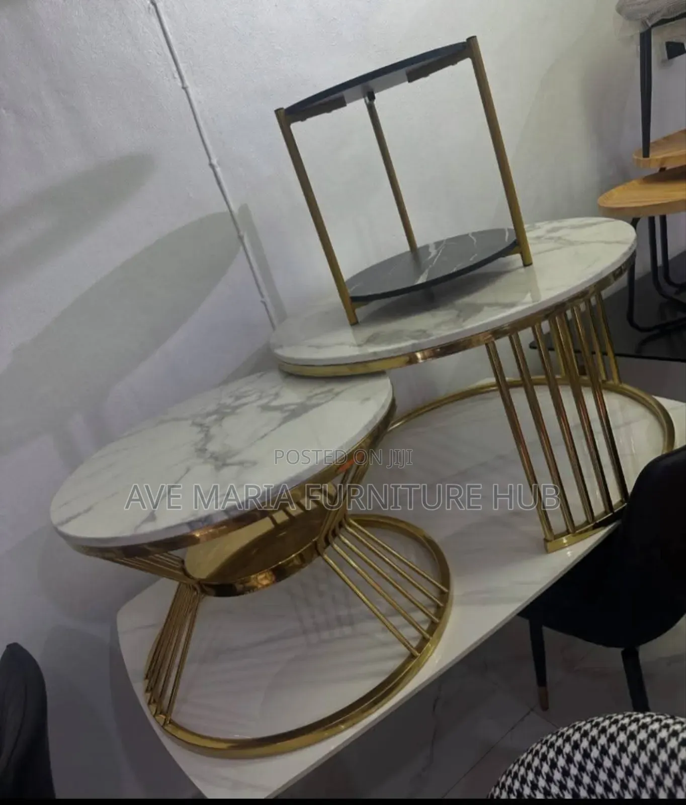 Gold Center Table and Side Stool.