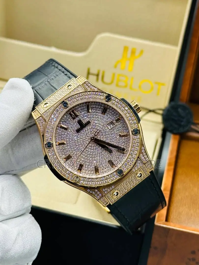 Hublot Quality Luxury Men Iced Genuine Leather Wristwatch