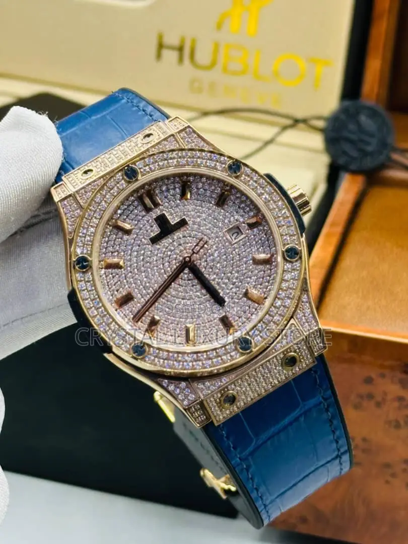 Hublot Quality Luxury Men Iced Genuine Leather Wristwatch