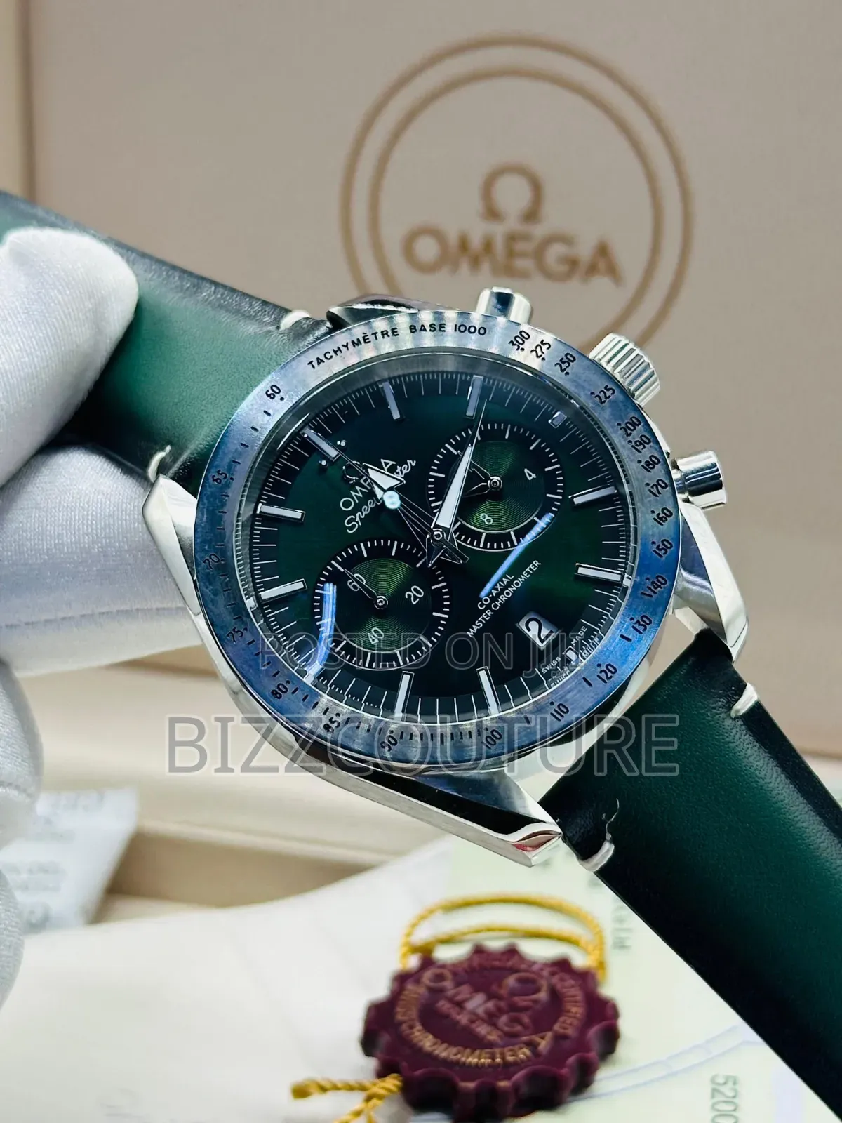 Original Omega Green. Genuine Leather Strap, Chronograph Quartz Watch