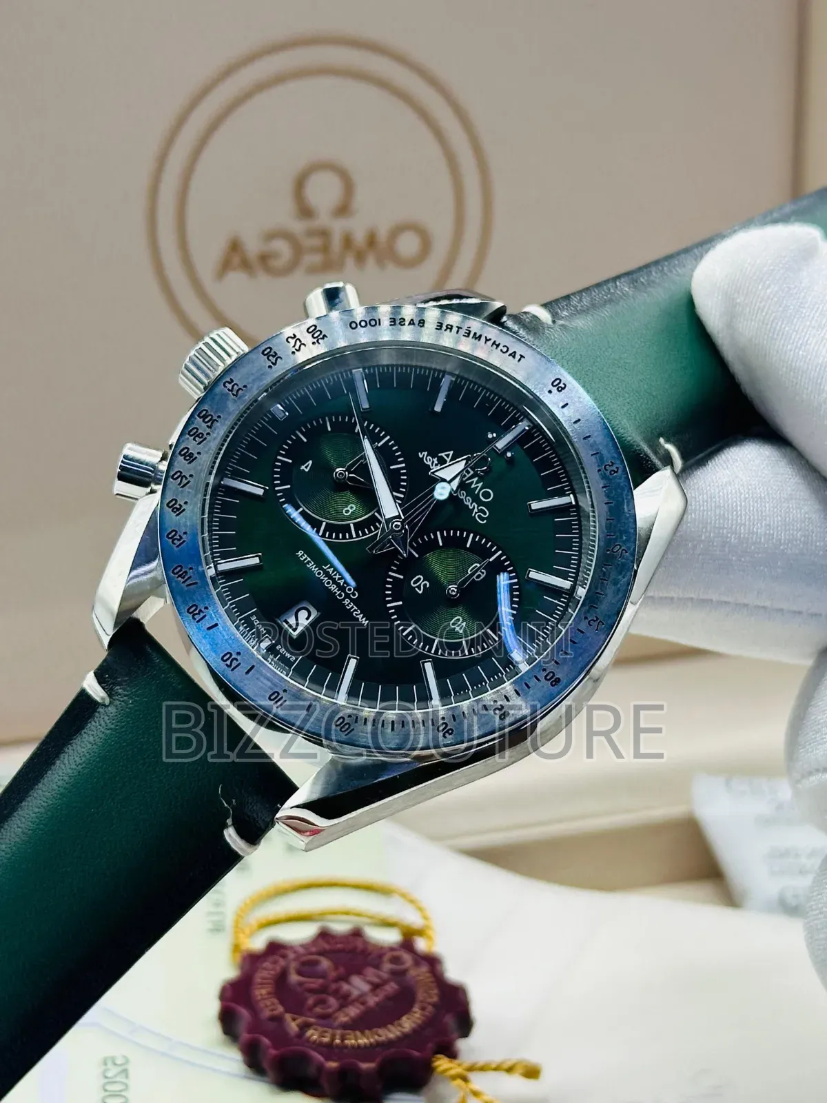 Original Omega Green. Genuine Leather Strap, Chronograph Quartz Watch