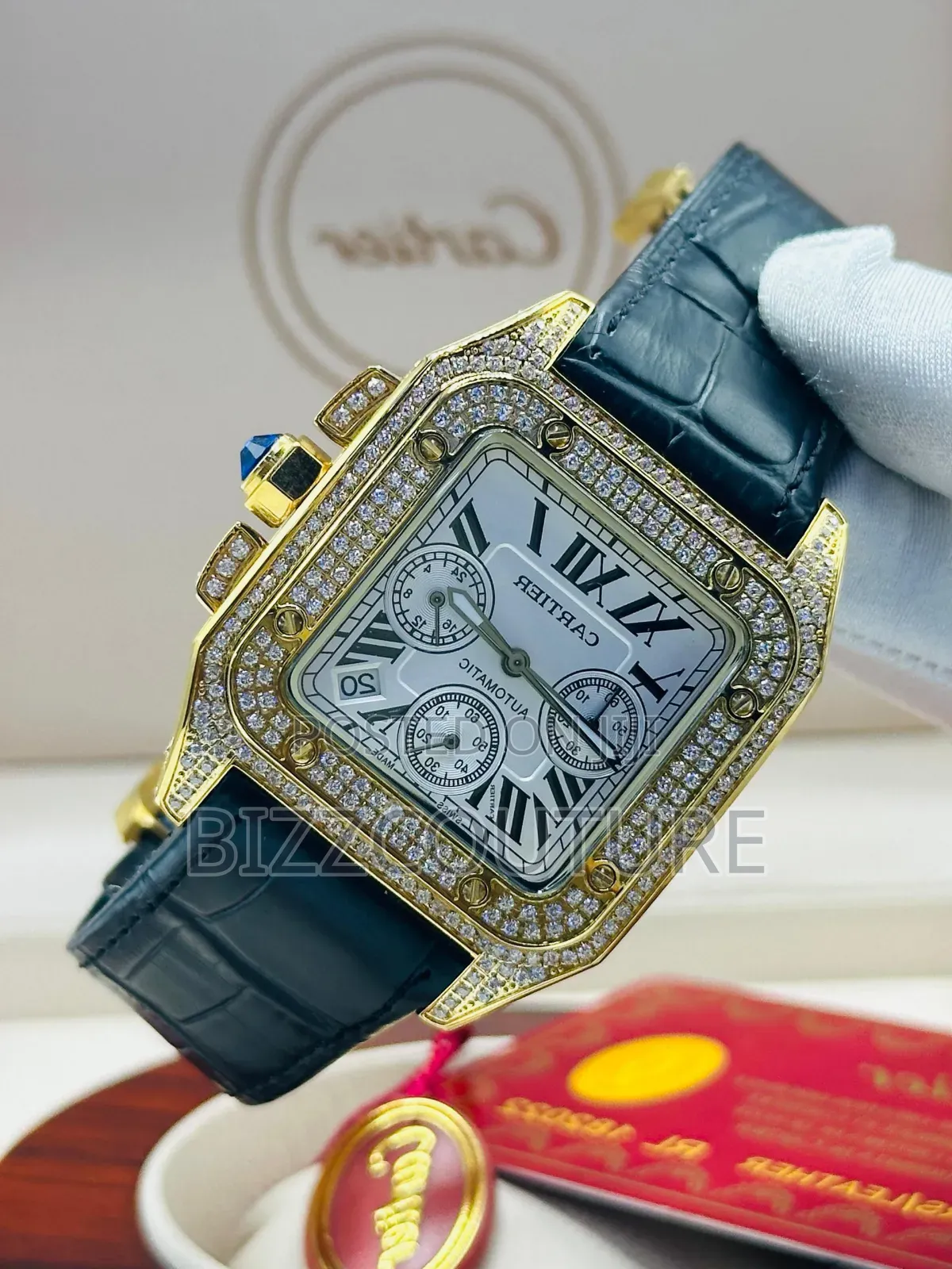 Original Cartier Iced Black Genuine Leather Strap, Quartz Watch