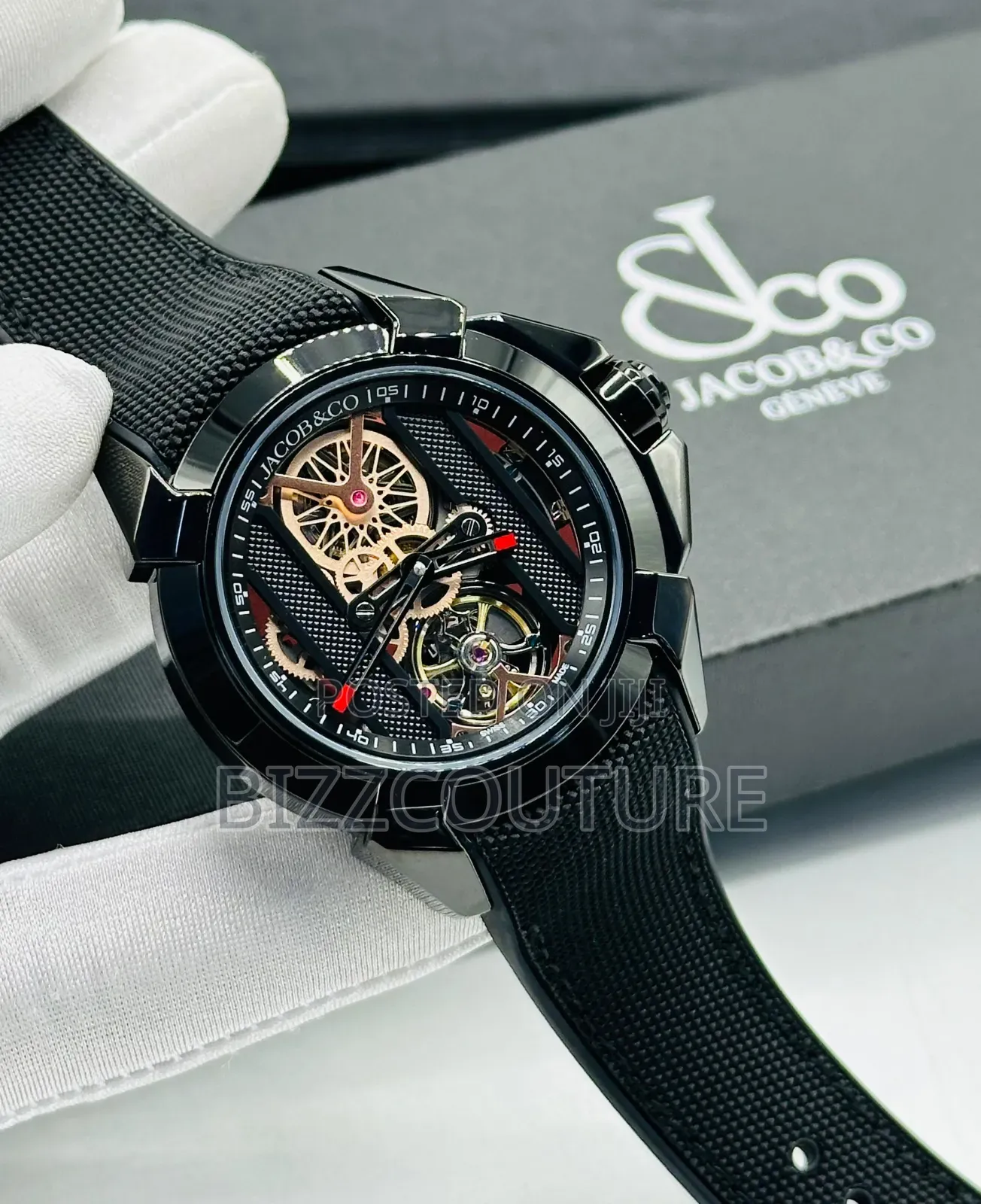 Original Jacobs and Co Black Faux Leather Strap, Mechanical Watch