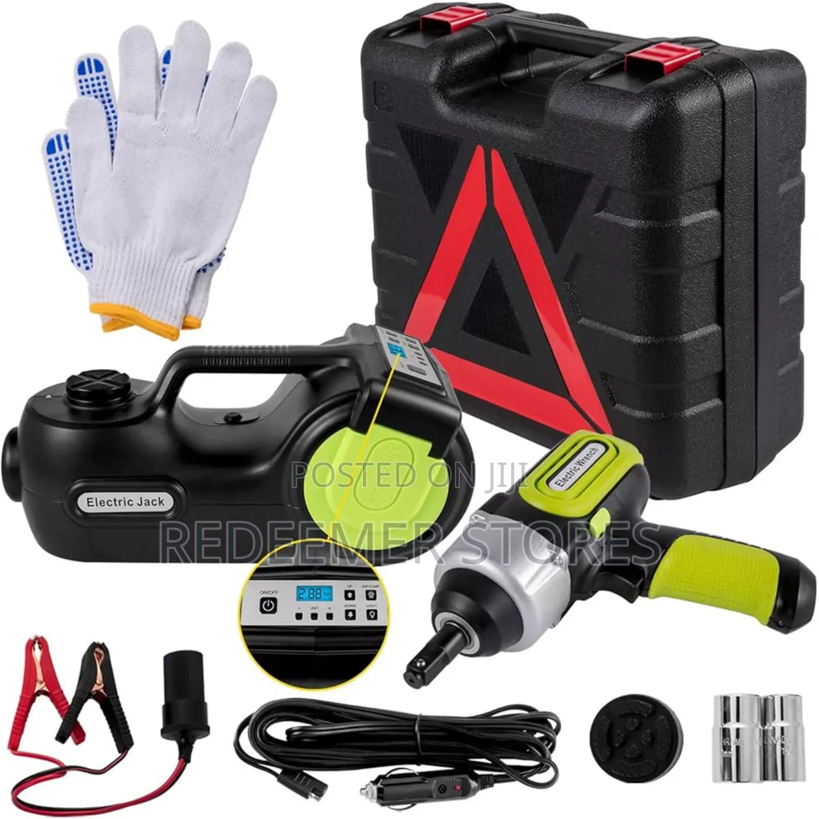 Electric Car Jack Kit + Tire Inflator Pump + Impact Wrench Led Light