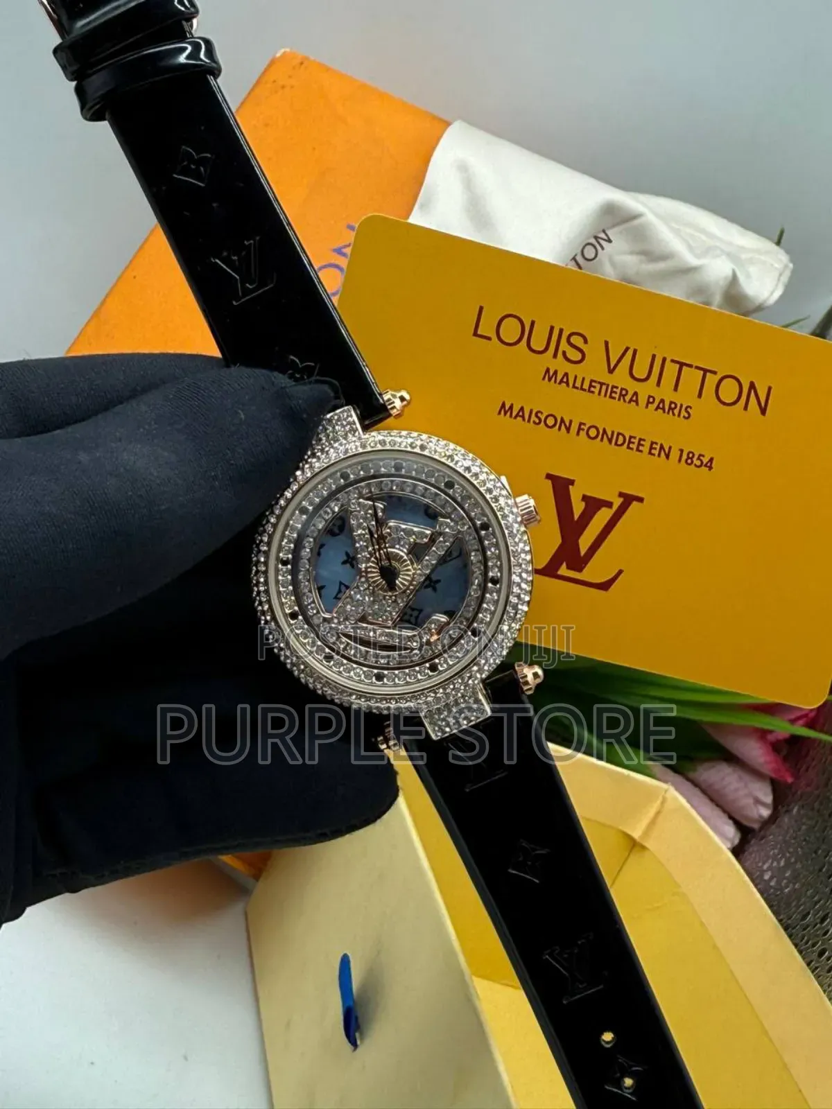 Louis Vutton Spinning Iced Dial Women Leather Watch