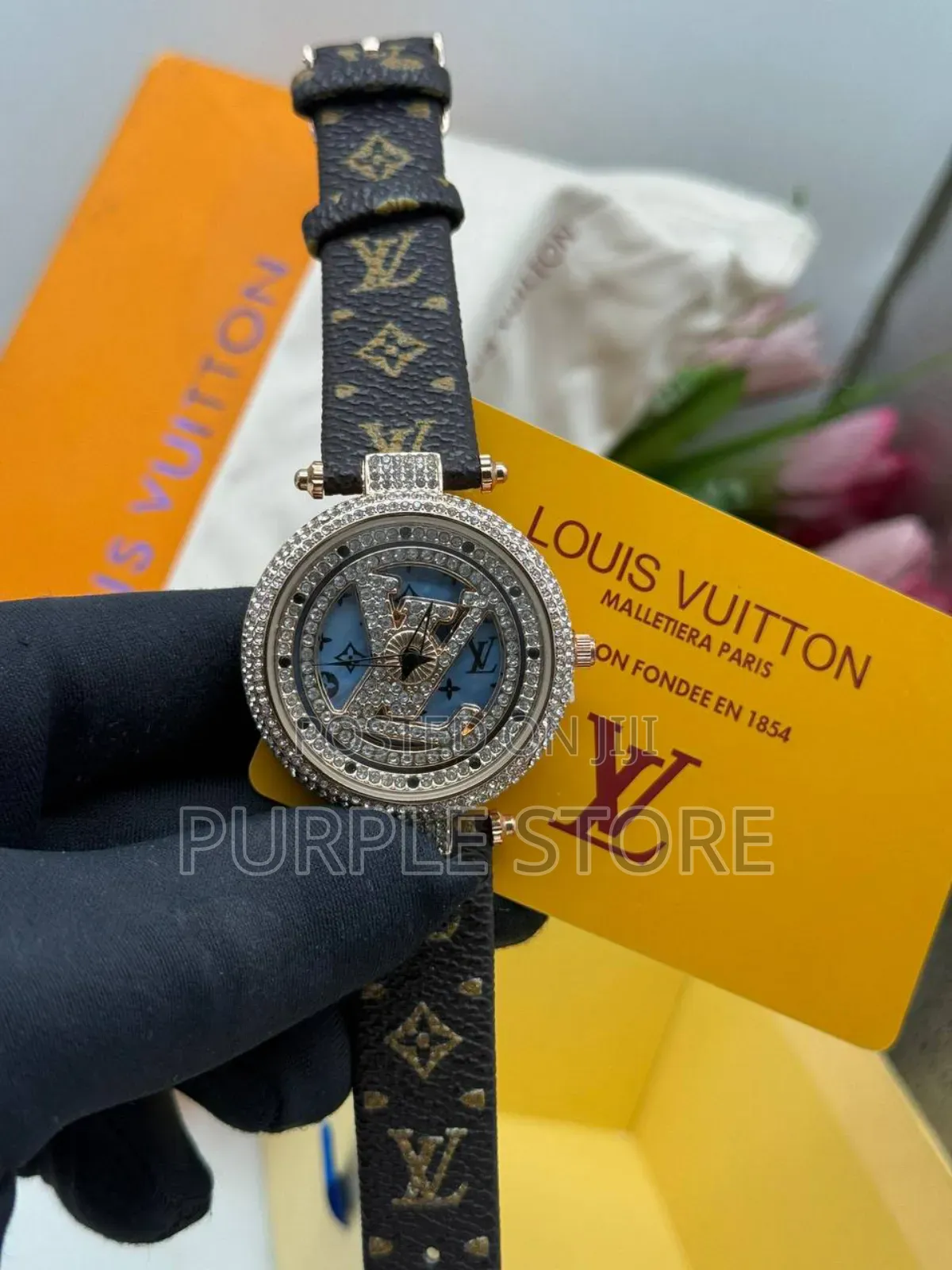 Louis Vutton Spinning Iced Dial Women Leather Watch
