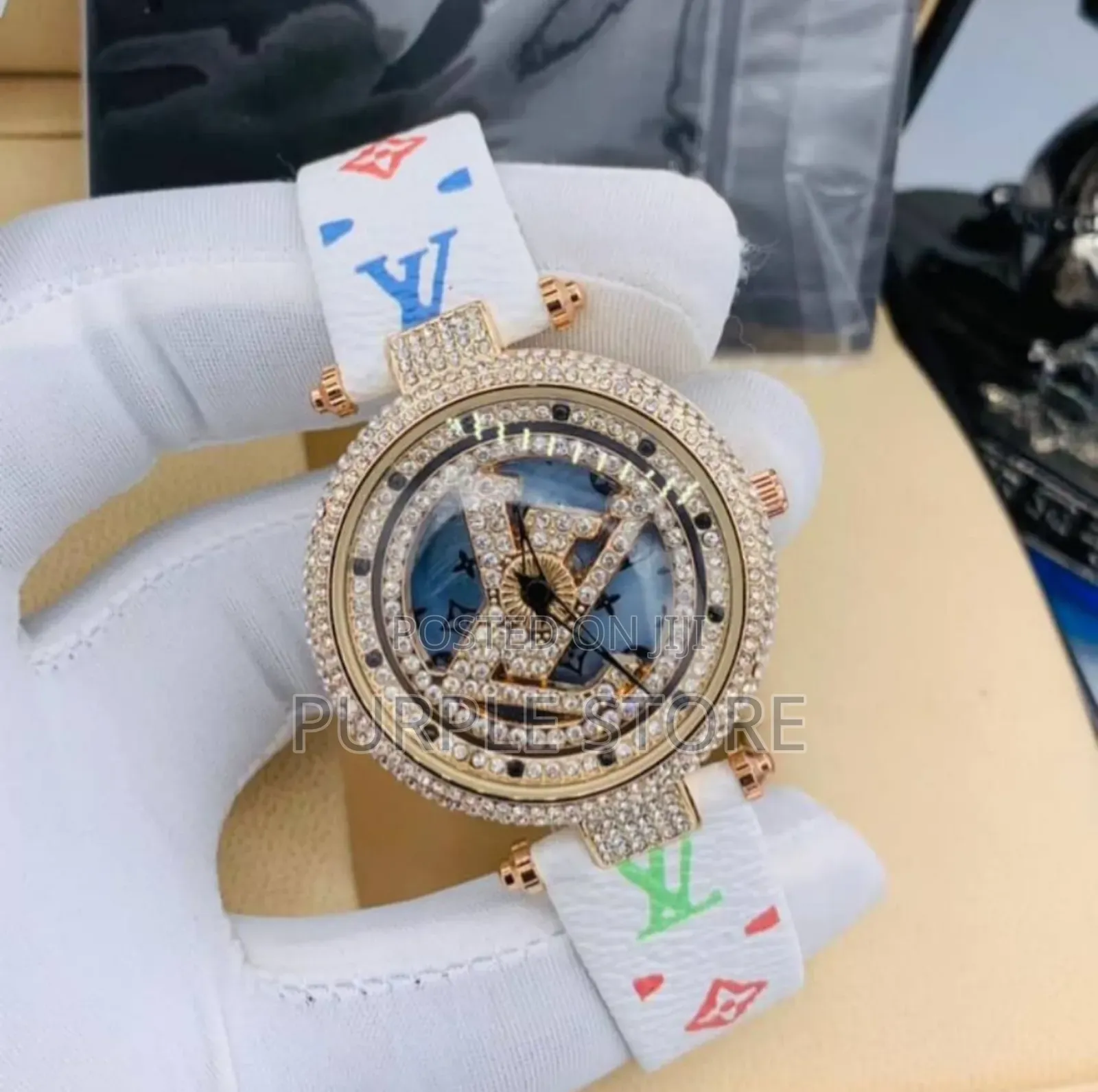 Louis Vutton Spinning Iced Dial Women Leather Watch