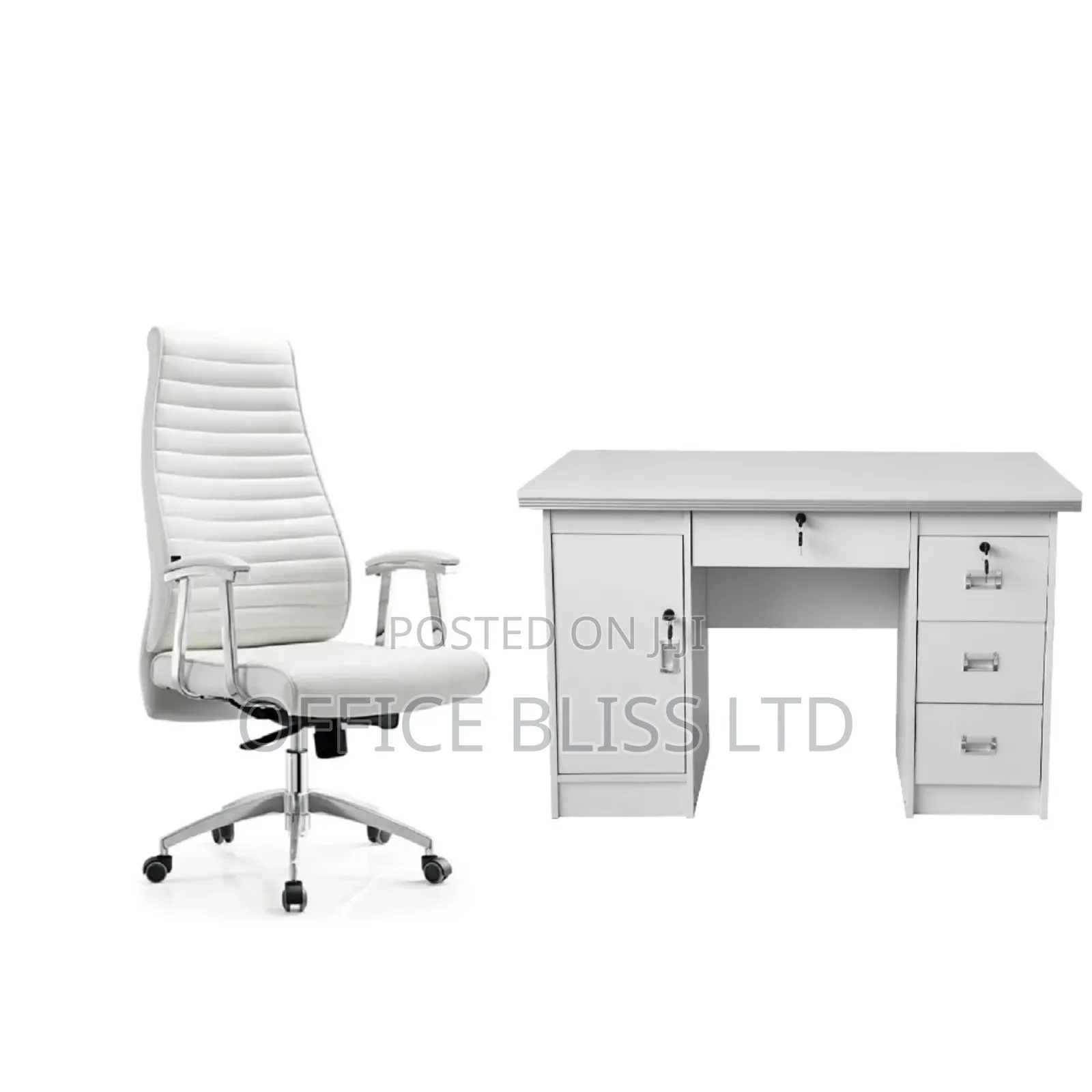 Set of Office Table and High Back Leather Office Chair - All White