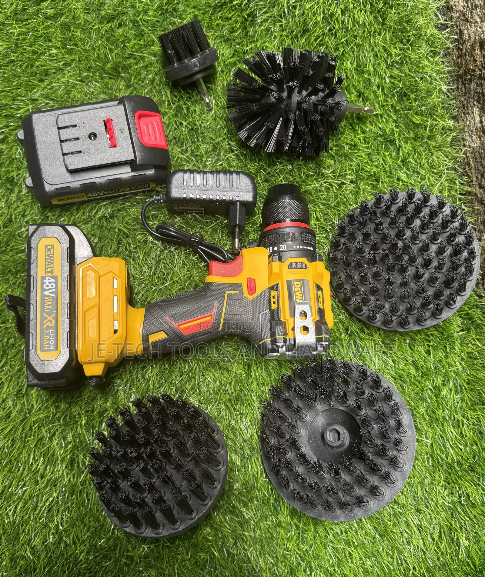 Dewalt Cordless Drill Along With A Set Of Drill Brush