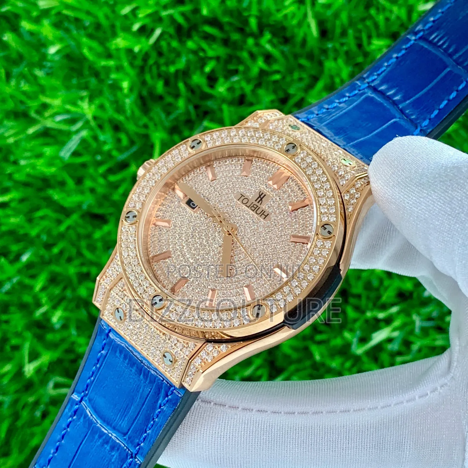Original Hublot Iced Blue Genuine Leather Strap Quartz Watch