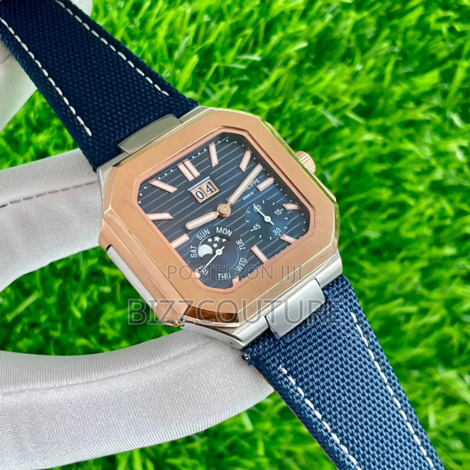 Original Patek Philippe Blue Faux Leather Strap Calendar Quartz Watch