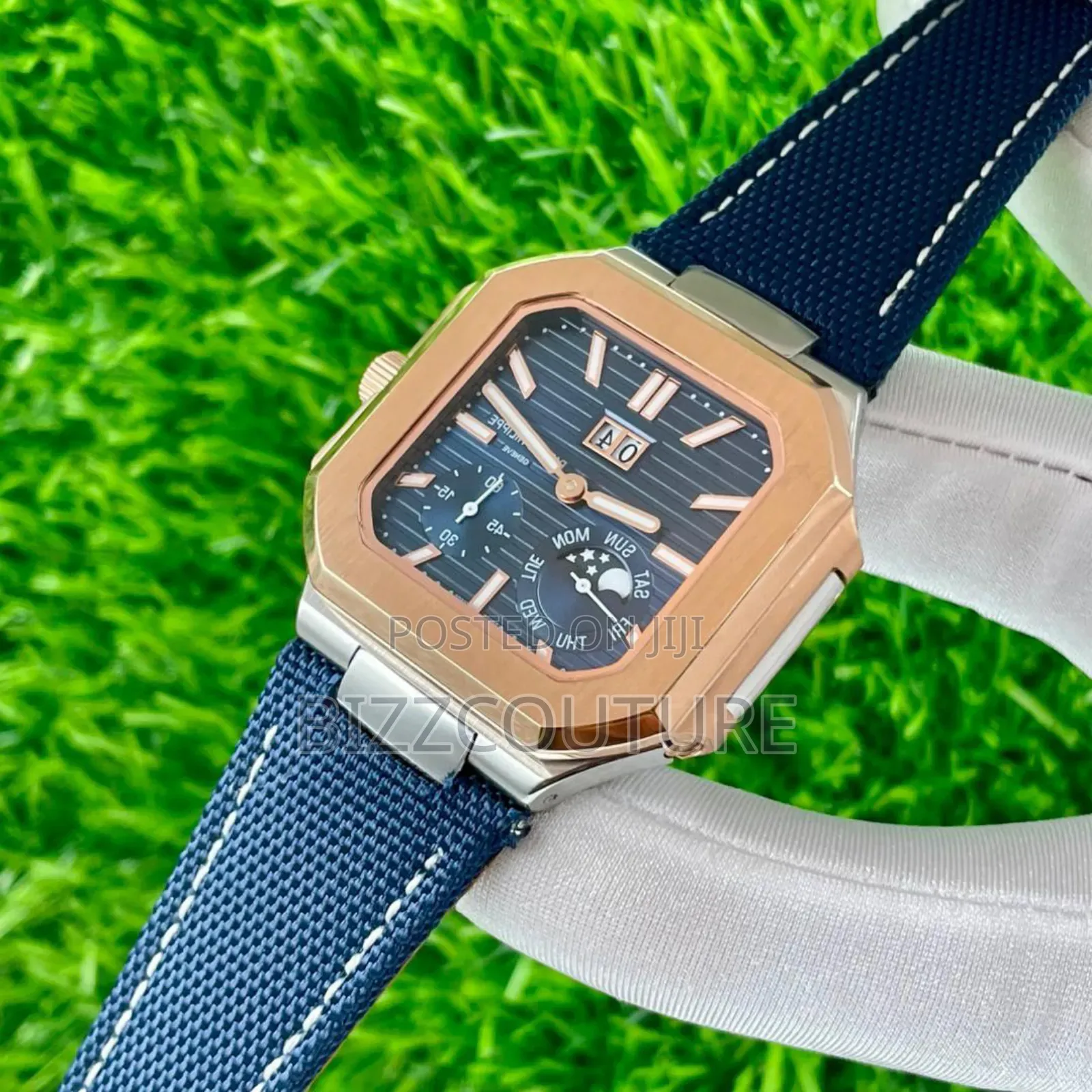 Original Patek Philippe Blue Faux Leather Strap Calendar Quartz Watch