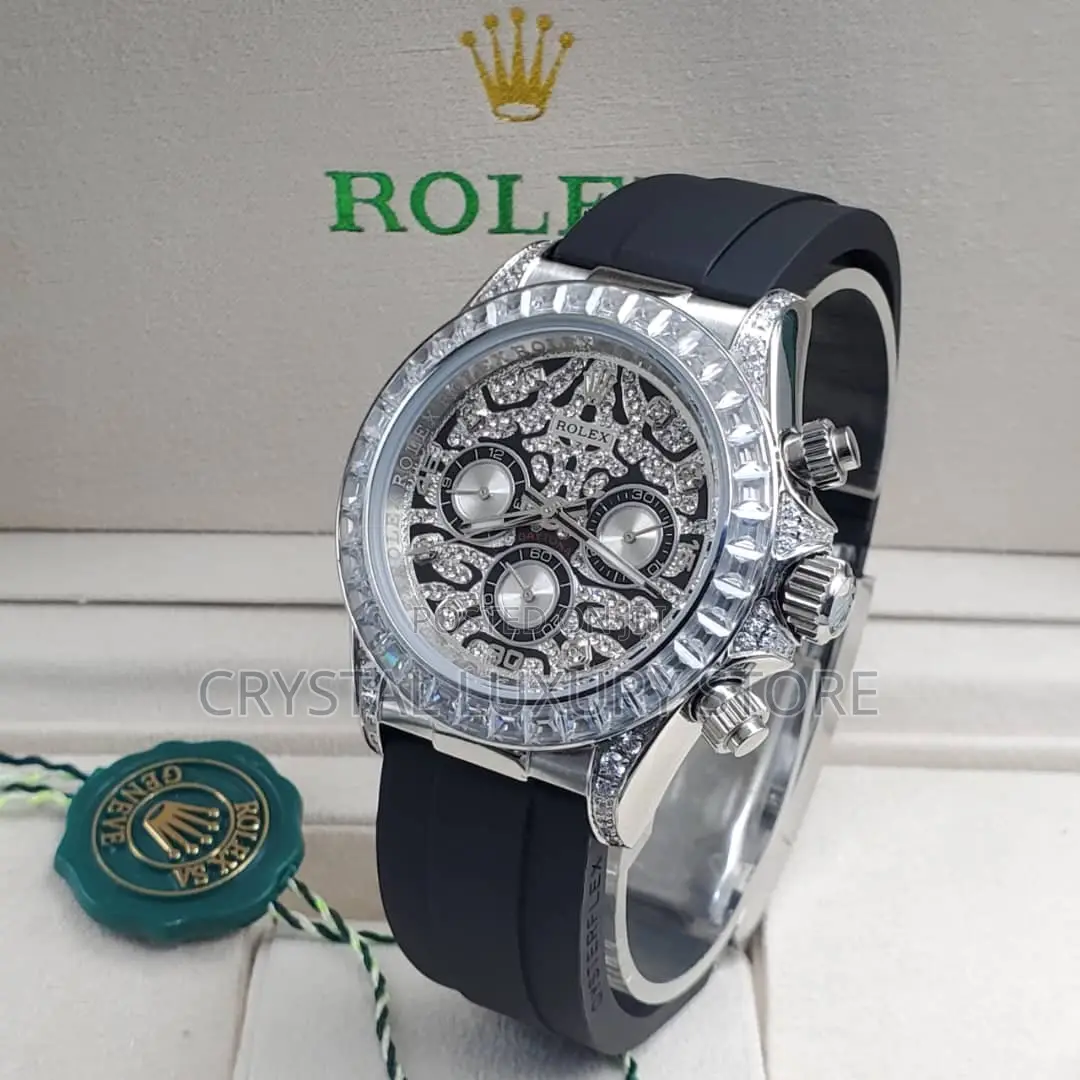 Rolex Quality Luxury Men Iced Genuine Leather Wristwatch