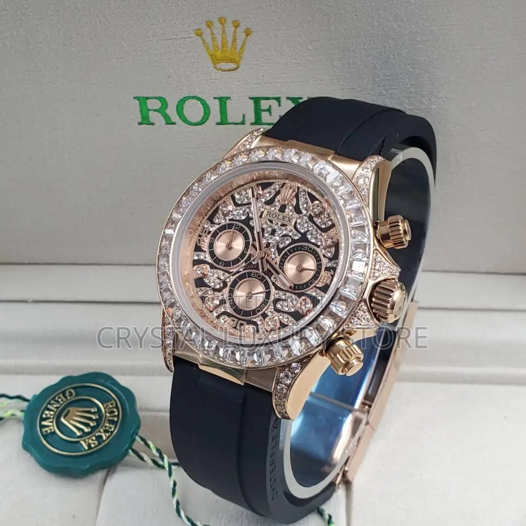 Rolex Quality Luxury Men Iced Genuine Leather Wristwatch