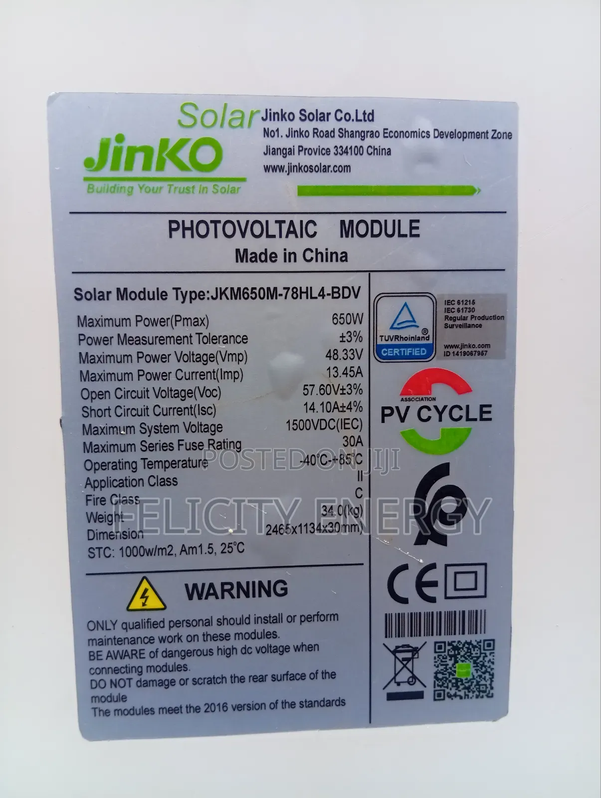 Jinko 650watt Solar Panel 144 Cells