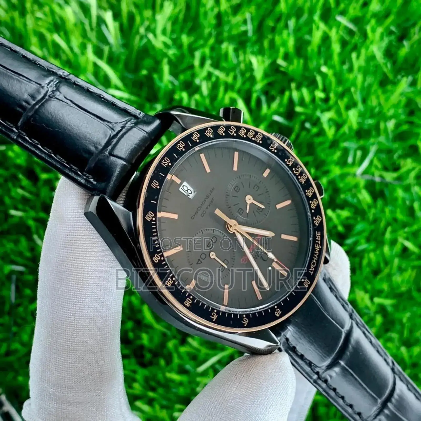 Original Omega Black Genuine Leather Strap Calendar Quartz Watch