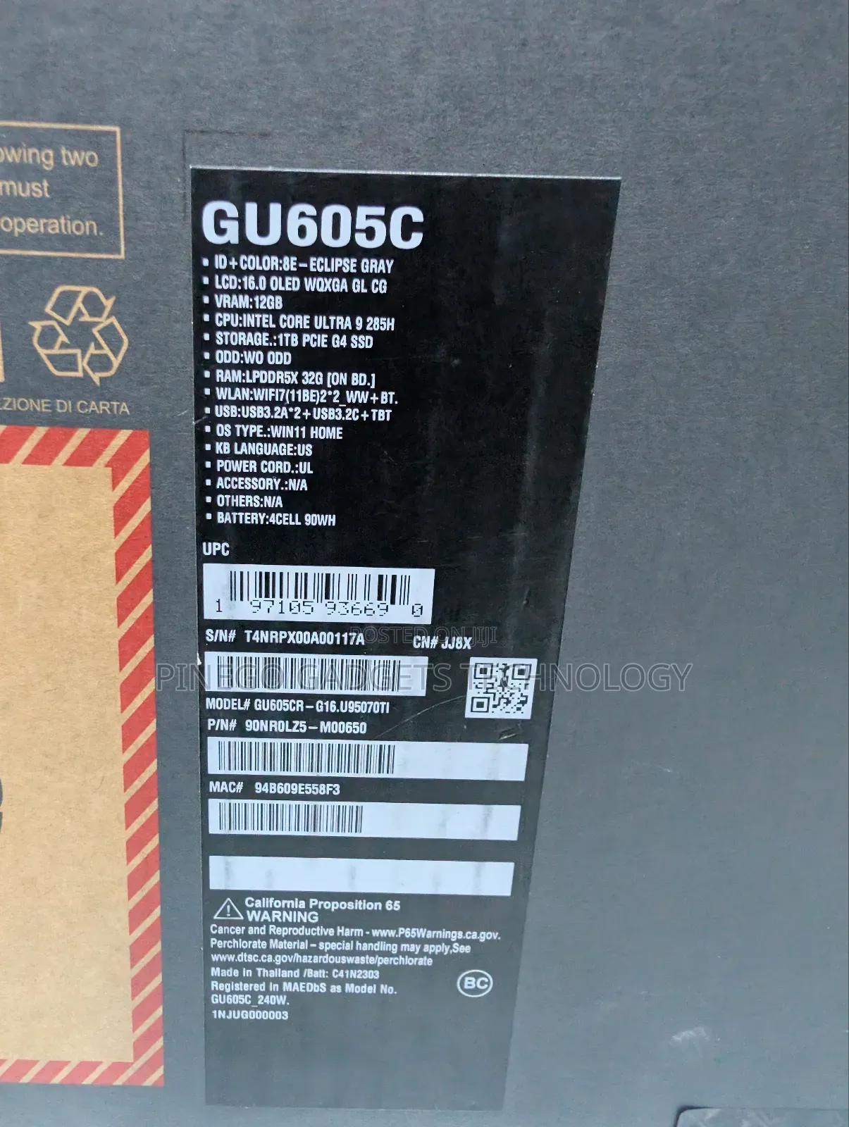 New Laptop Asus ROG Zephyrus G16 32GB Intel Core Ultra 9 SSD 1T