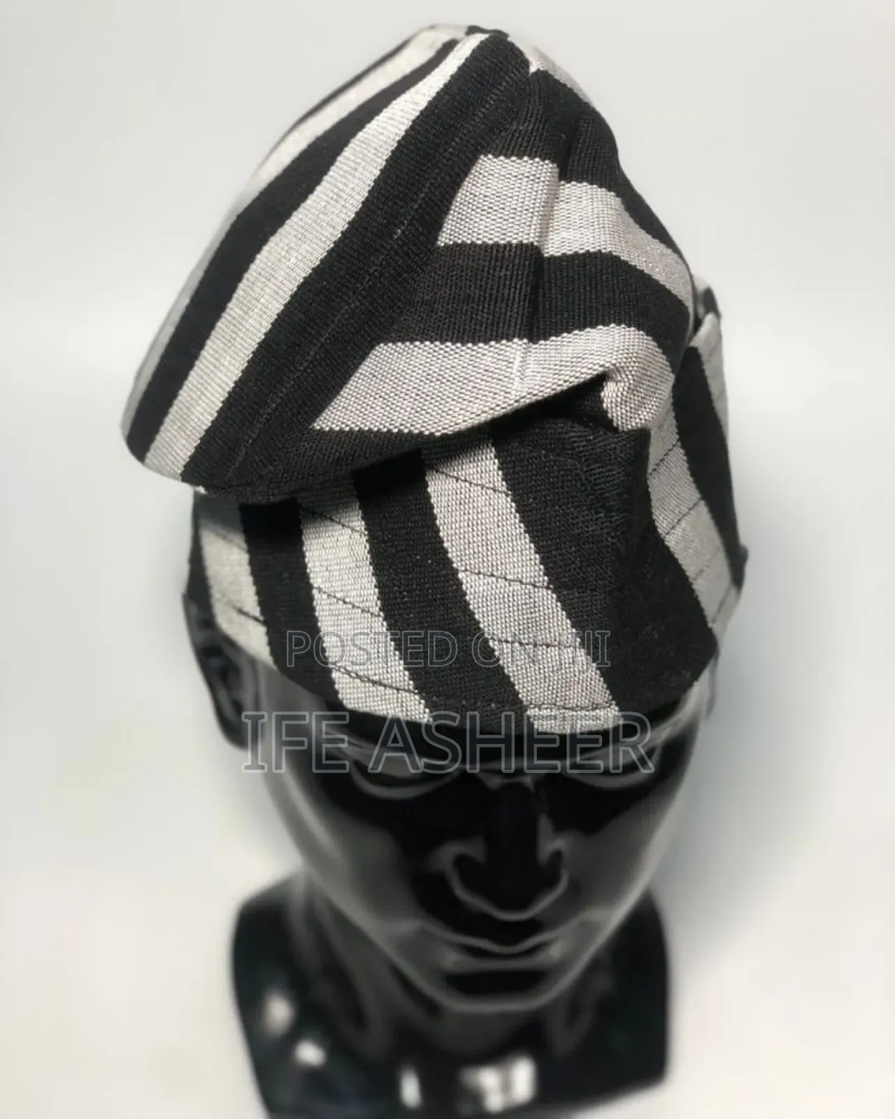 Black Mixed Strip Aso Oke Traditional Cap