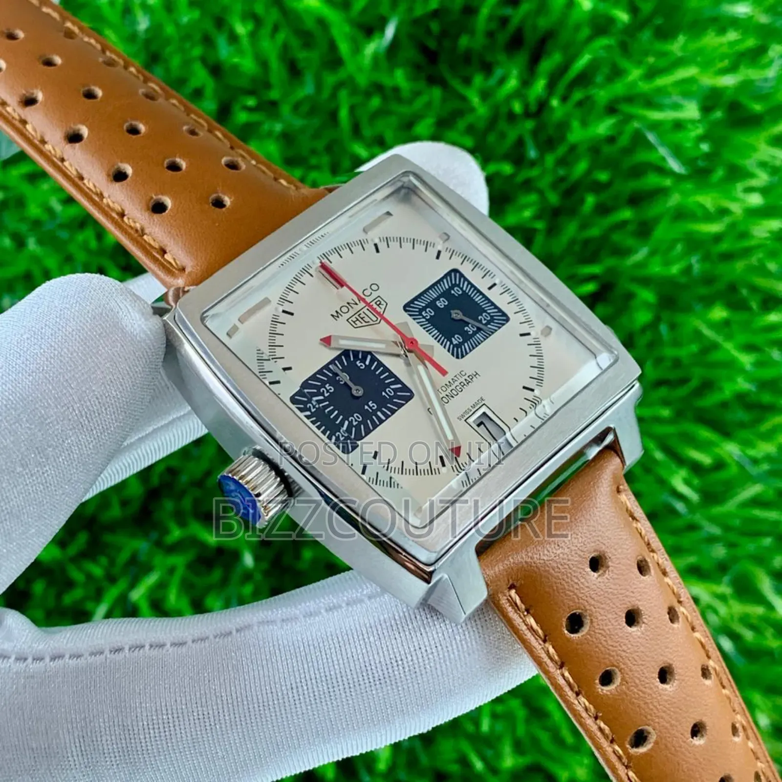 Original Monaco Heuer Brown Genuine Leather Strap Chronograph Watch
