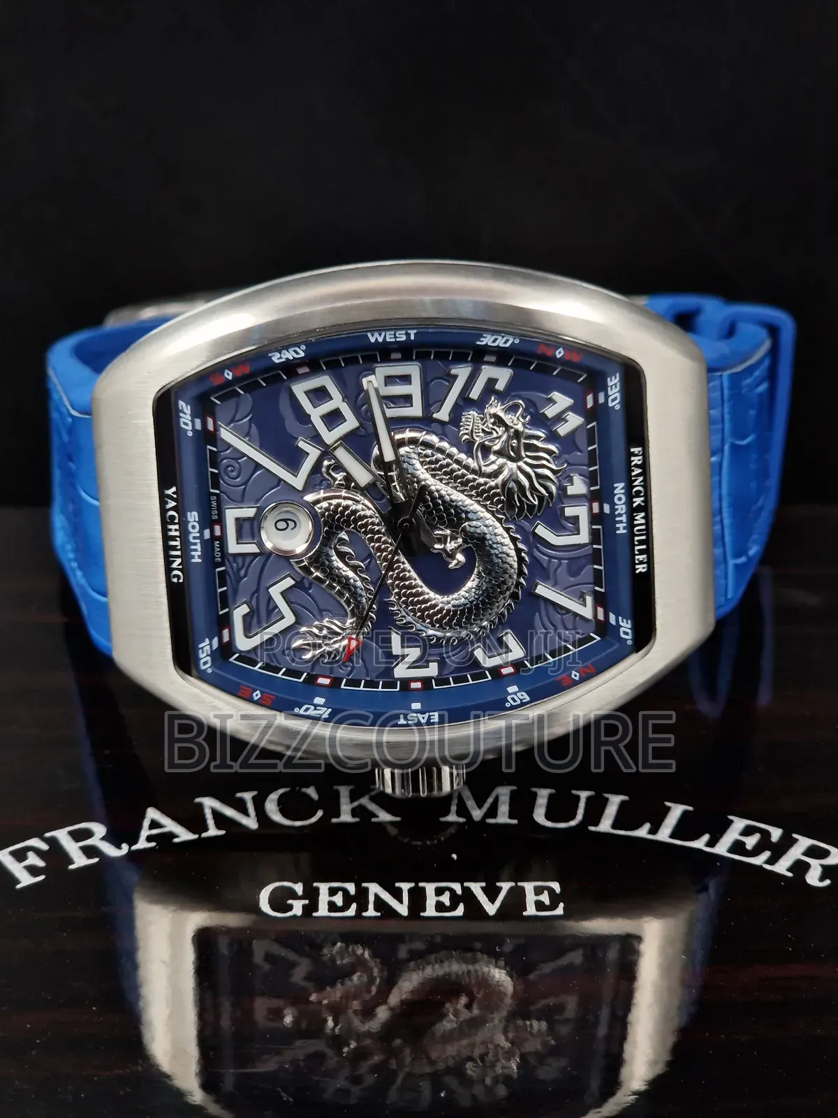 Original Frank Muller Blue Genuine Leather Strap Calendar Quartz Watch