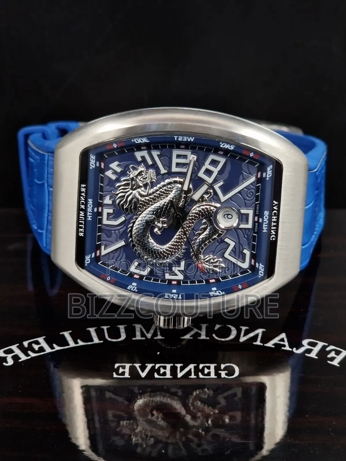 Original Frank Muller Blue Genuine Leather Strap Calendar Quartz Watch