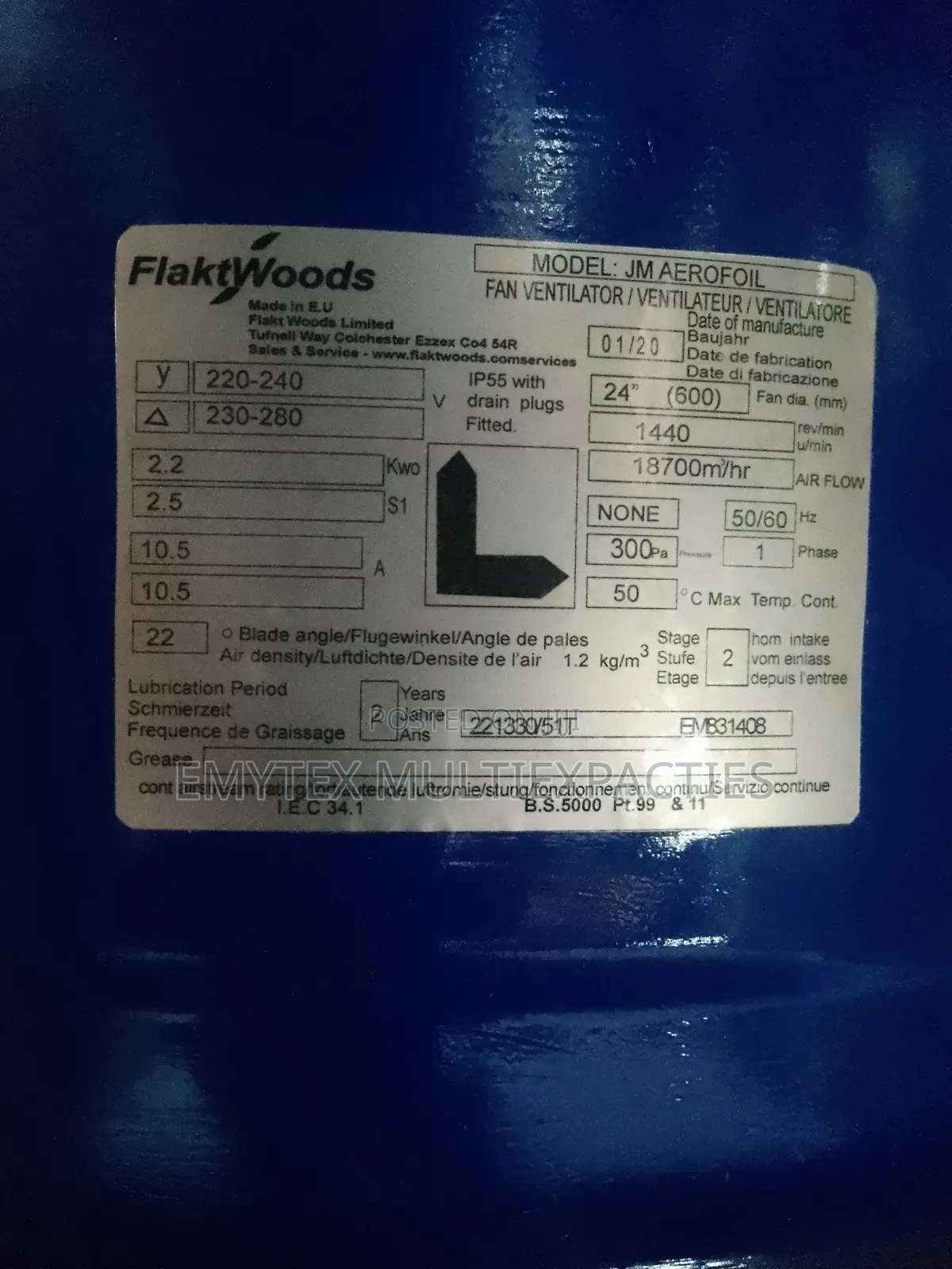 Flaktwoods Extractor Fan 600mm 24" 220v 1440rpm