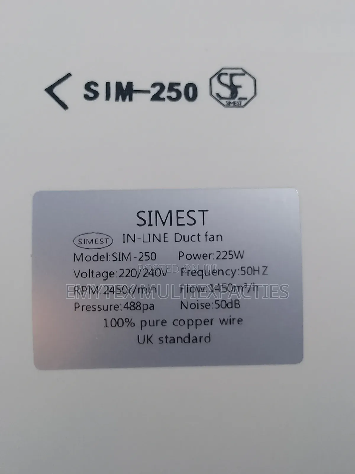 Sim-250 10" Inline Duct Fan 220v,2450rpm