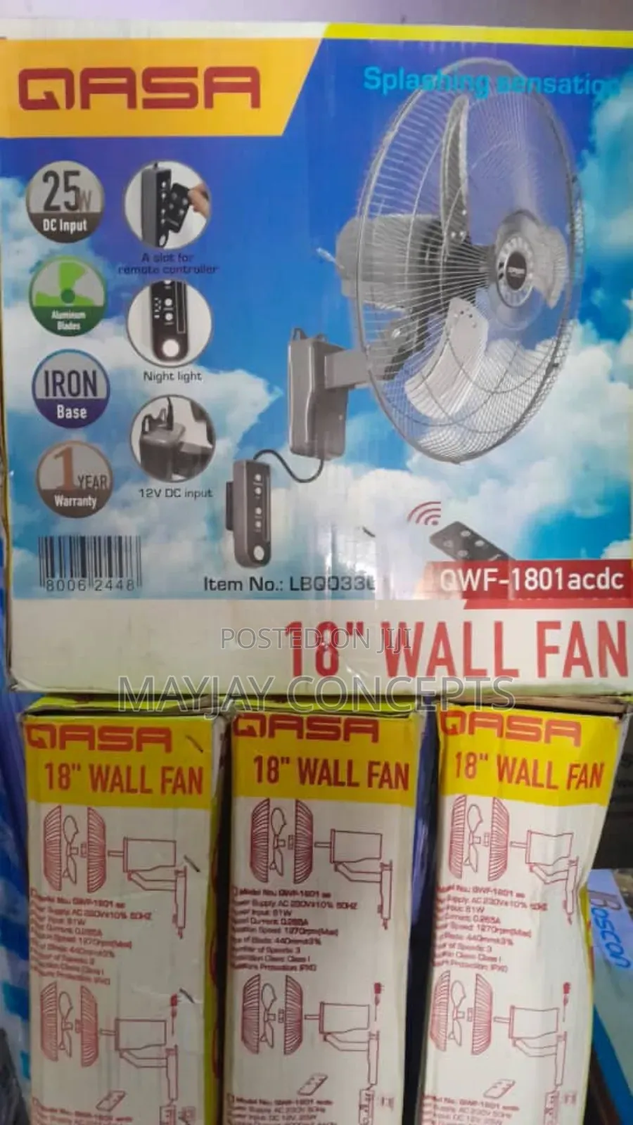 Qasa 18" Ac/Dc 3-in-1 Solar Wall Fan With Remote Control