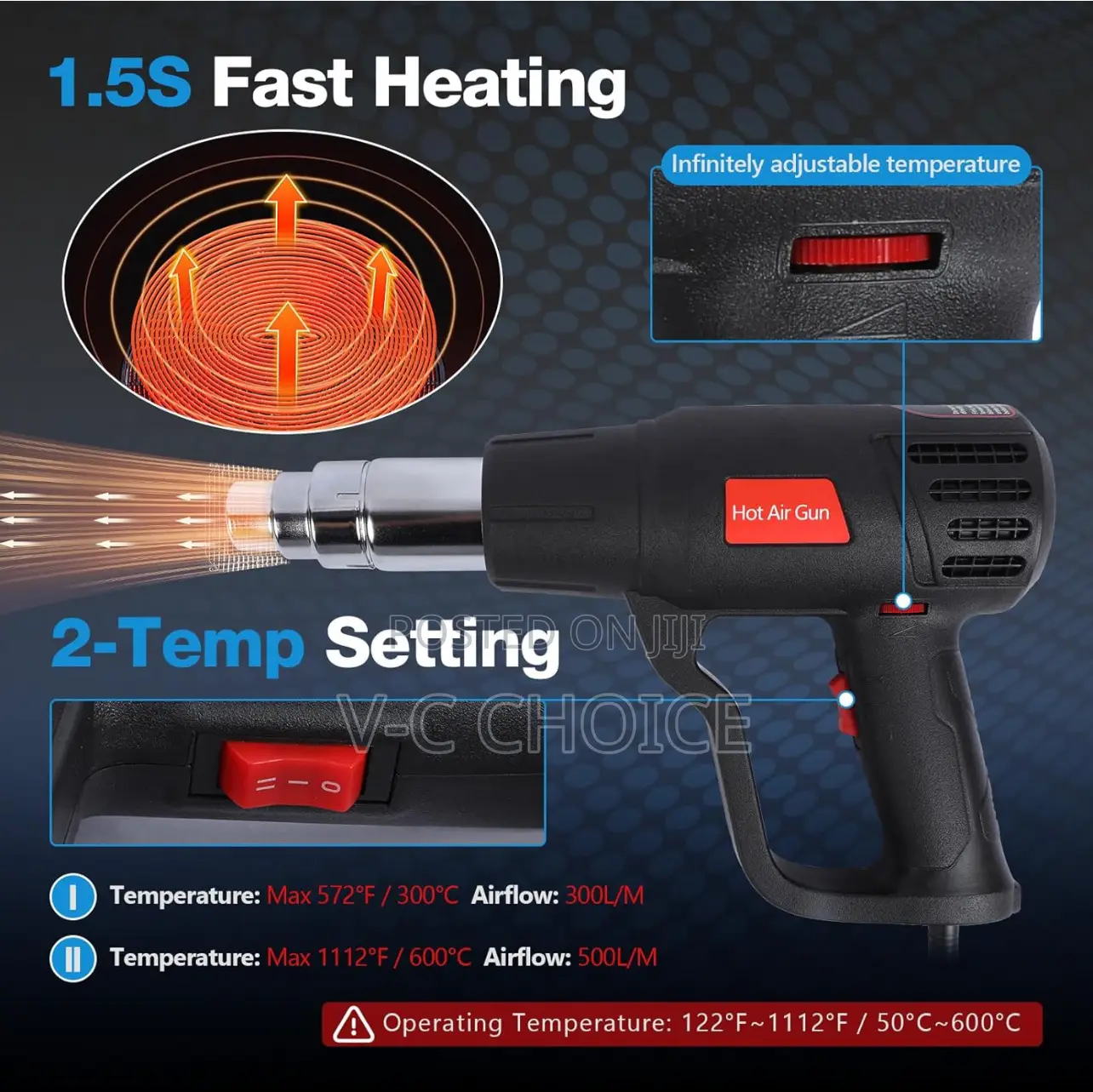Fast Heating Hot Air Gun With 4 Nozzles, 2-temp Control, Heat Gun