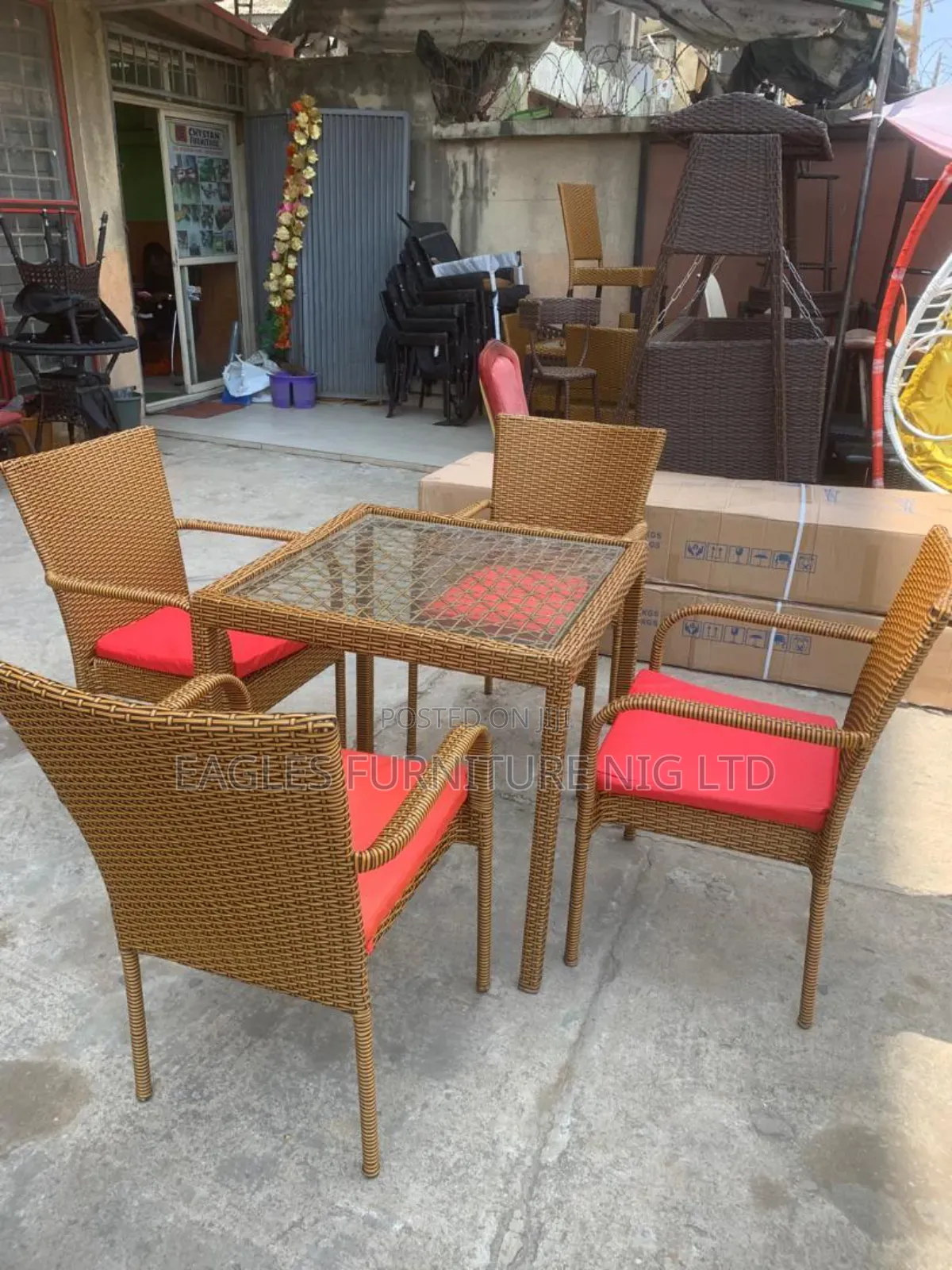 Golden Outdoor and Indoor Rattan Chairs and Table.