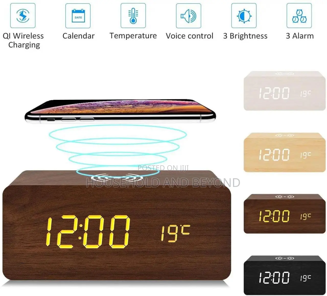 Wooden Digital Alarm Clock With Wireless Charging