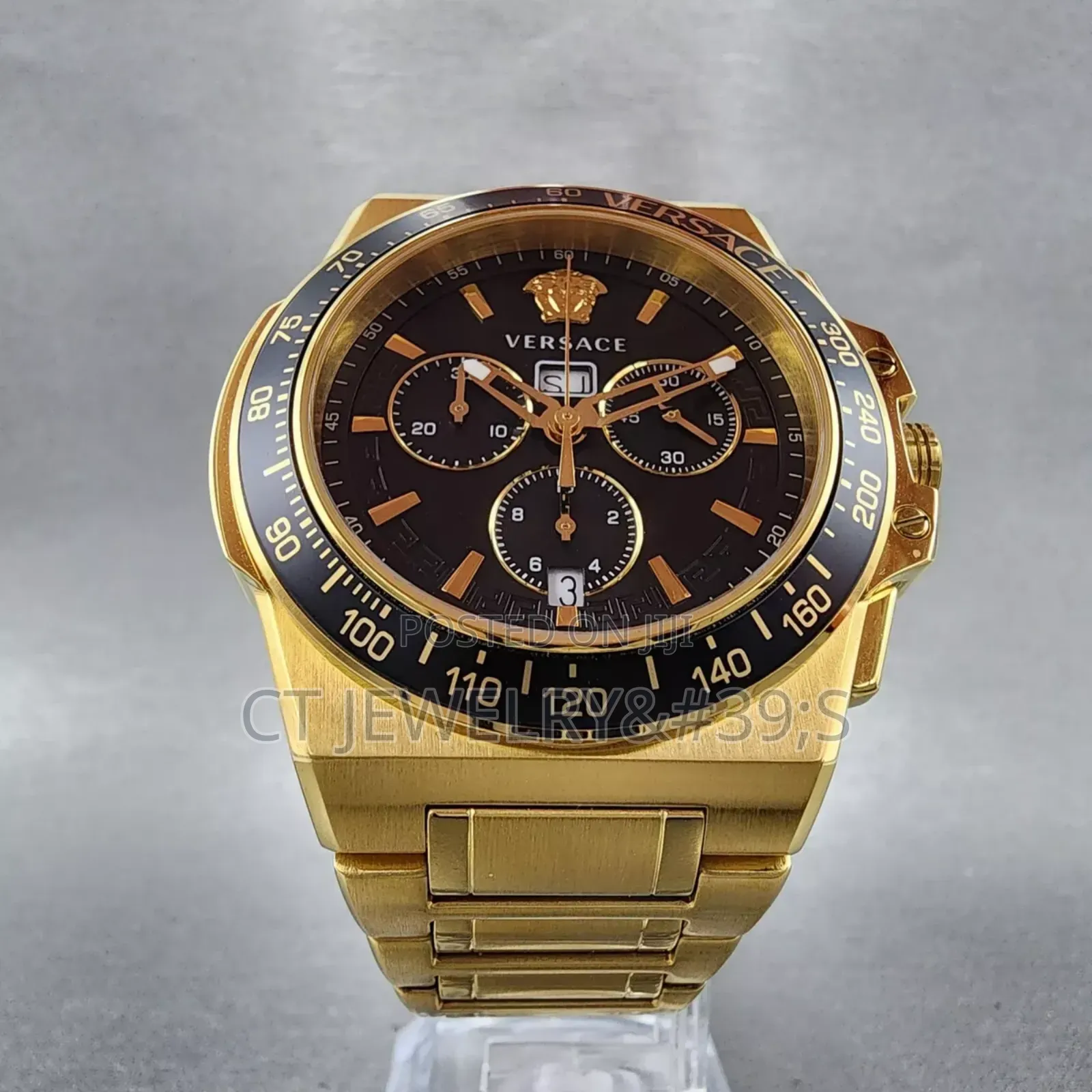 Versace Greca Extreme Chronograph Watch Men 42mm Black Dial Gold Tone