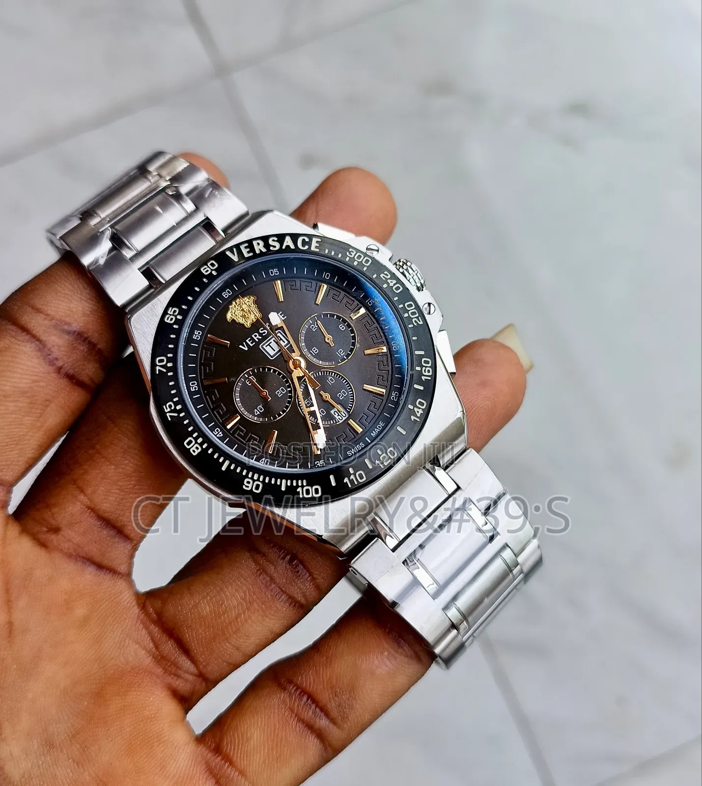 Versace Greca Extreme Chronograph Watch Men 42mm Black Dial Gold Tone