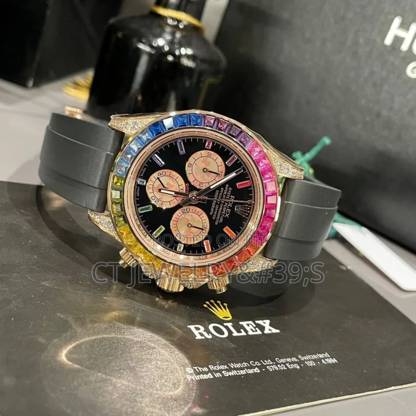 Rolex Daytona 116515ln Rose Gold Rainbow Bezel Dial Oysterflex Strap