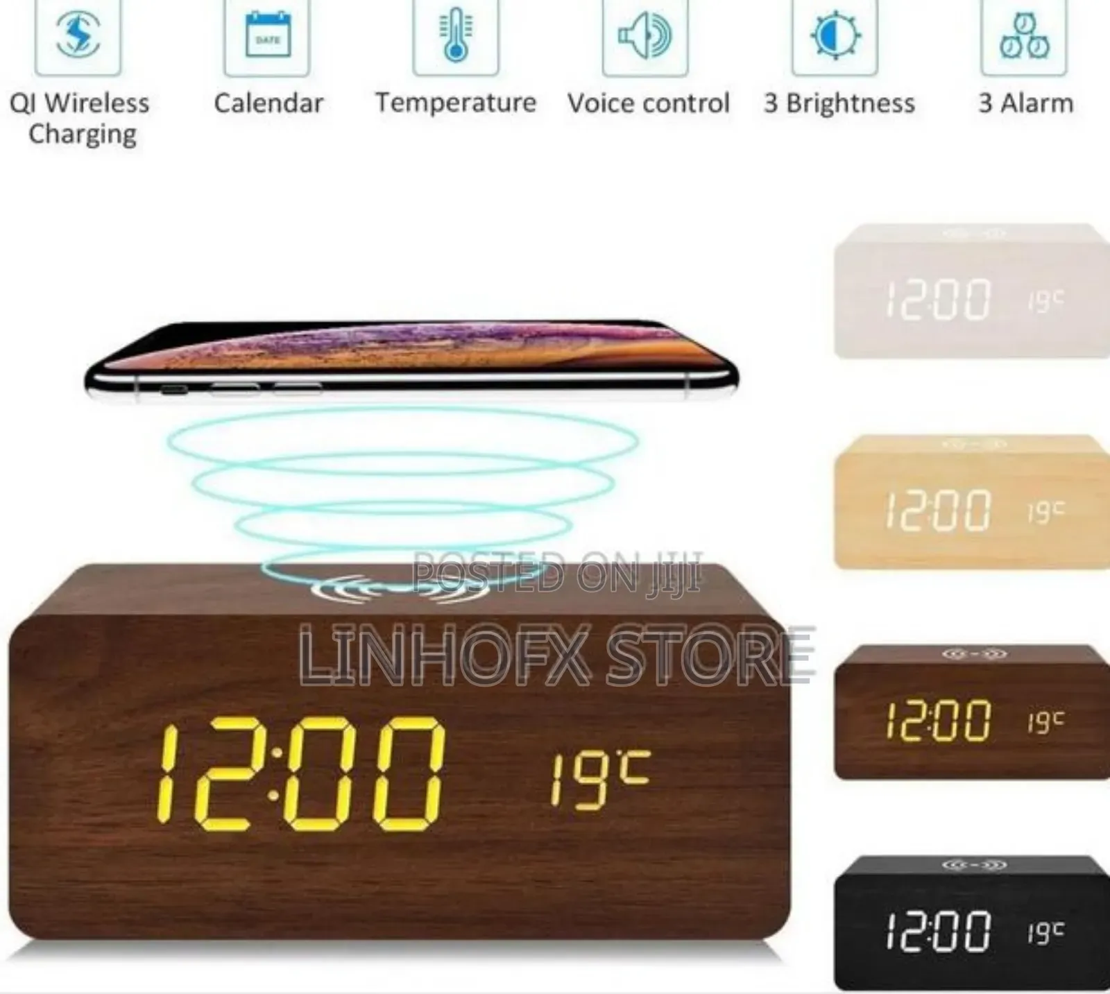 Wooden Digital Alarm Clock With Wireless Charging