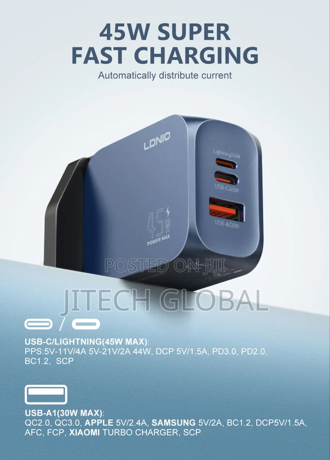 Ldnio 45w Gan Super Fast Charger With Lighting Port, Type-C and Usb.