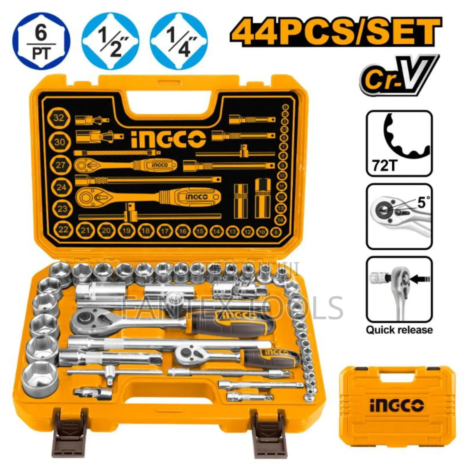 44 PCS Ingco 1/4" and 1/2" Socket Set.