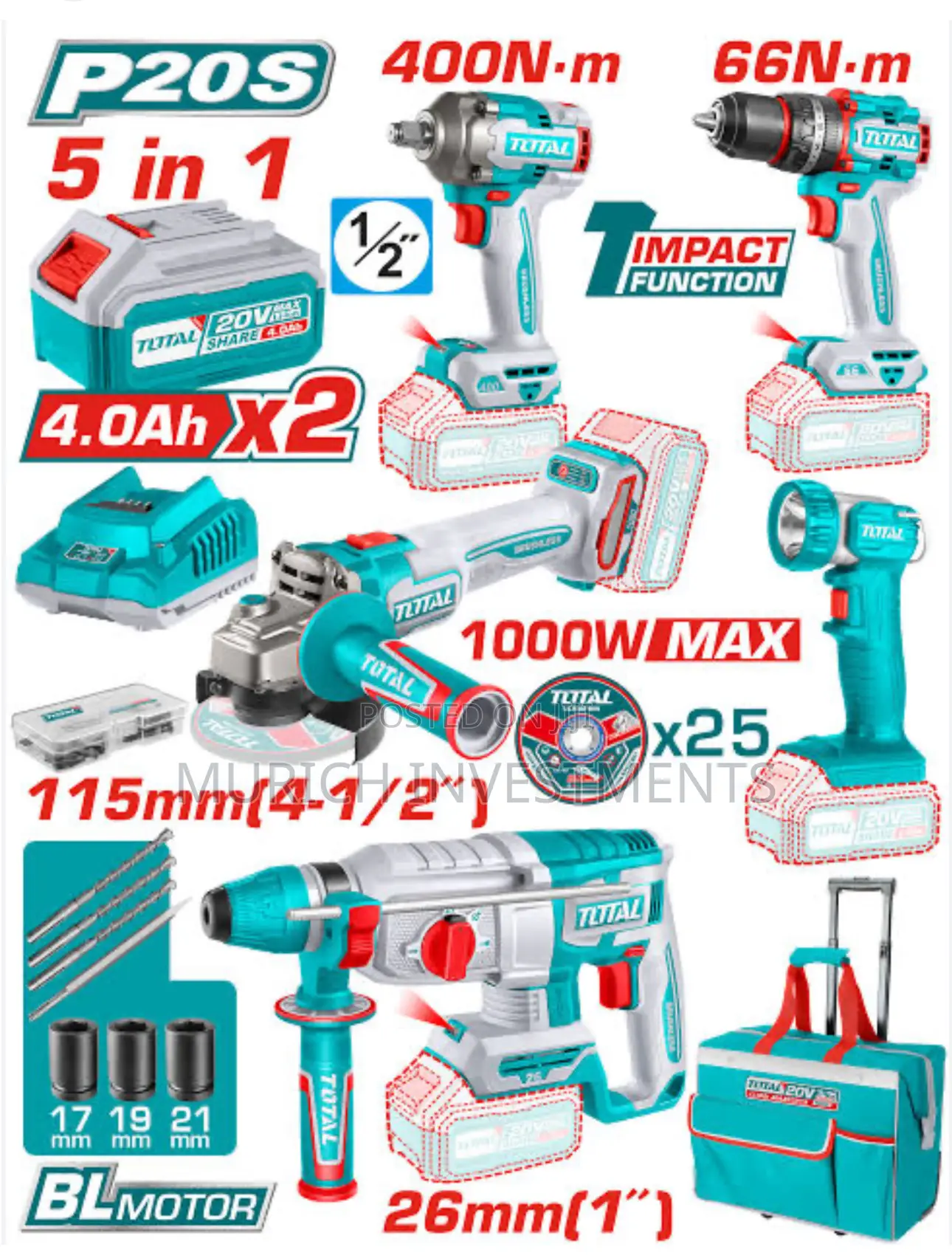 Total 20v Lithium-Ion Combo Kit – 5 PCS With 2 Batteries Charger