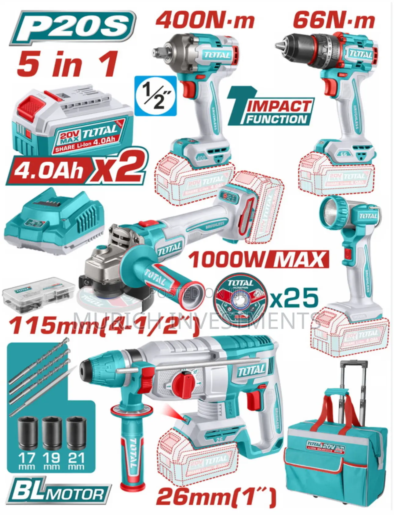 Total 20v Lithium-Ion Combo Kit – 5 PCS With 2 Batteries Charger
