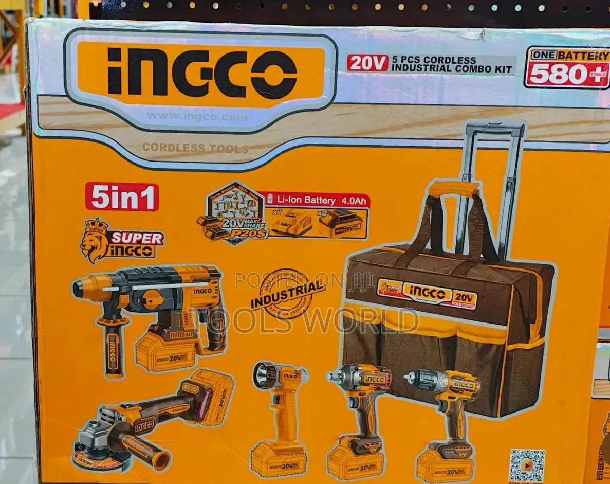 Ingco 20v Brushless Cordless Combo Set – 5 Tools + Batteries + Charger
