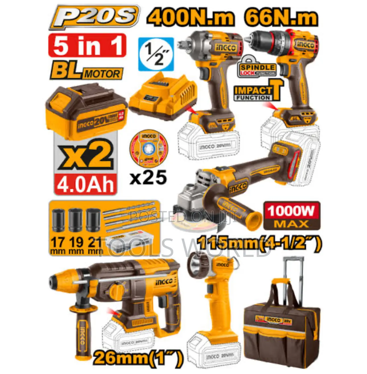 Ingco 20v Brushless Cordless Combo Set – 5 Tools + Batteries + Charger