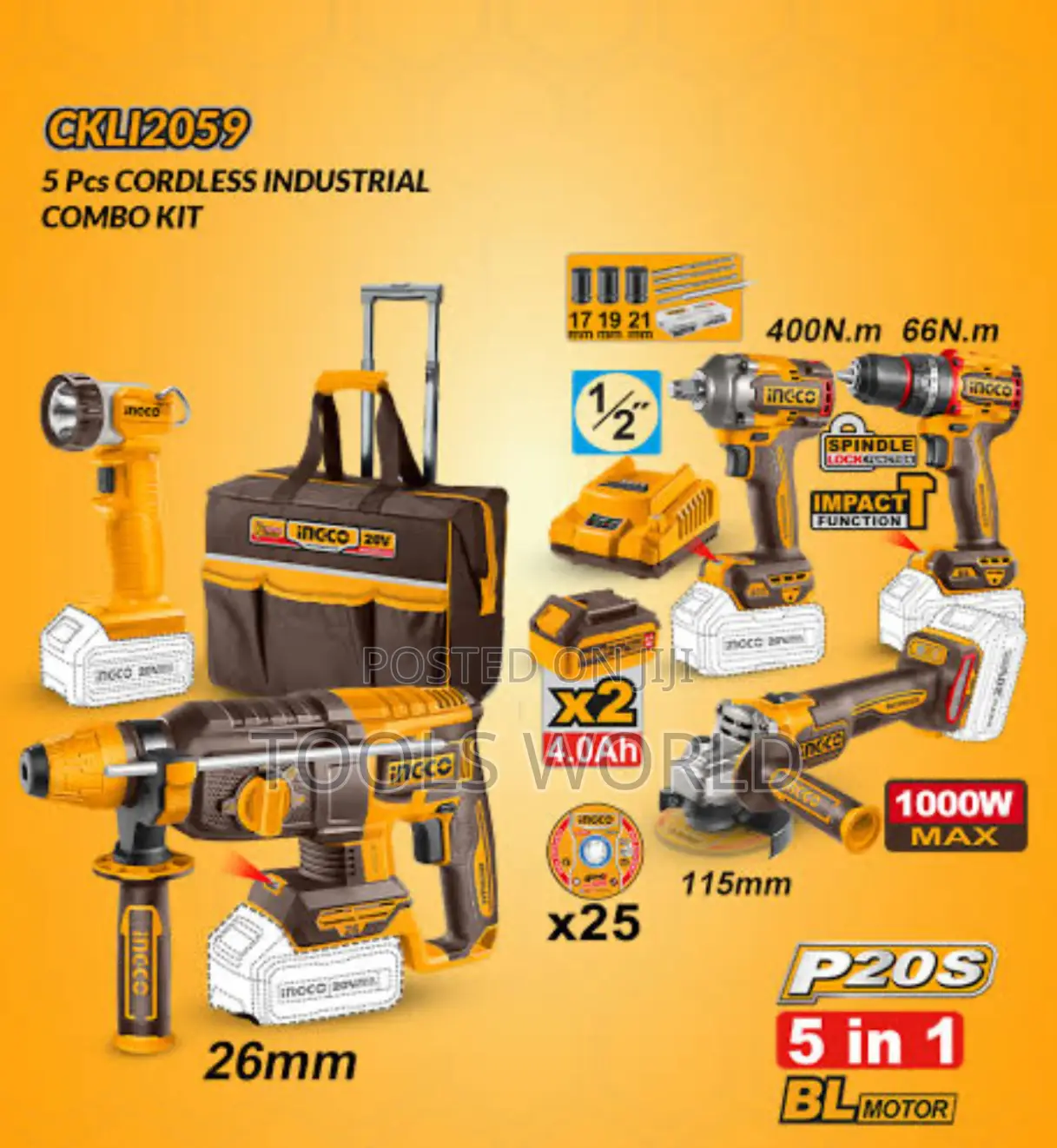 Ingco 20v Brushless Cordless Combo Set – 5 Tools + Batteries + Charger